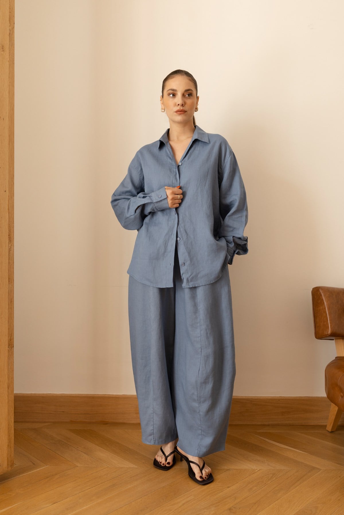 İndigo Beli Lastikli Slouchy Keten Pantolon