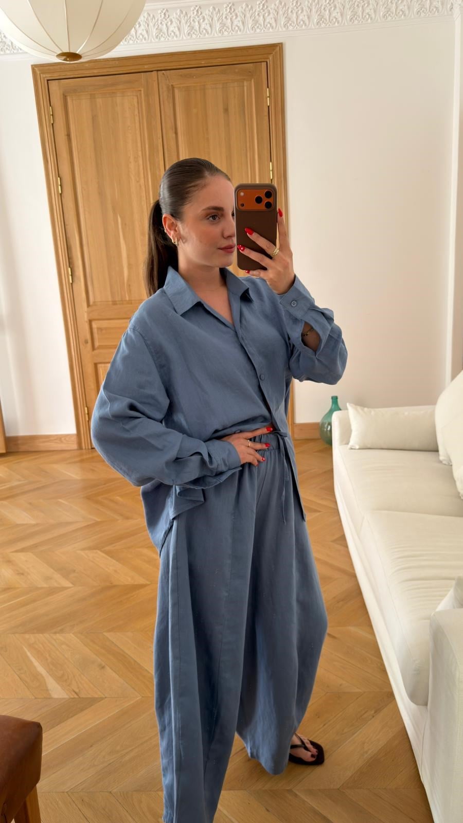İndigo Beli Lastikli Slouchy Keten Pantolon