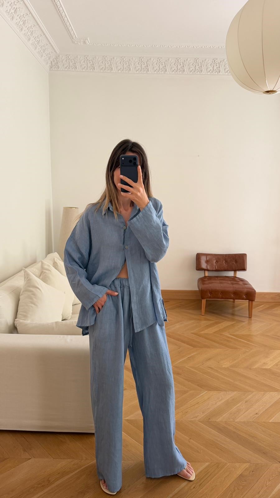 İndigo Oversize Gömlek Pantolon %100 Keten Takım