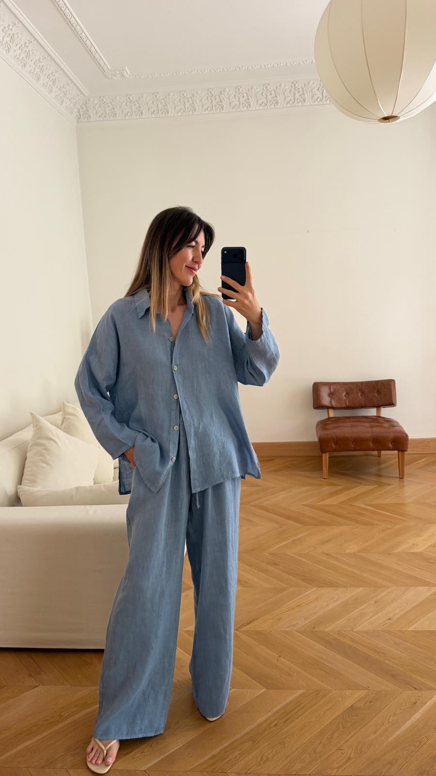 İndigo Oversize Gömlek Pantolon %100 Keten Takım