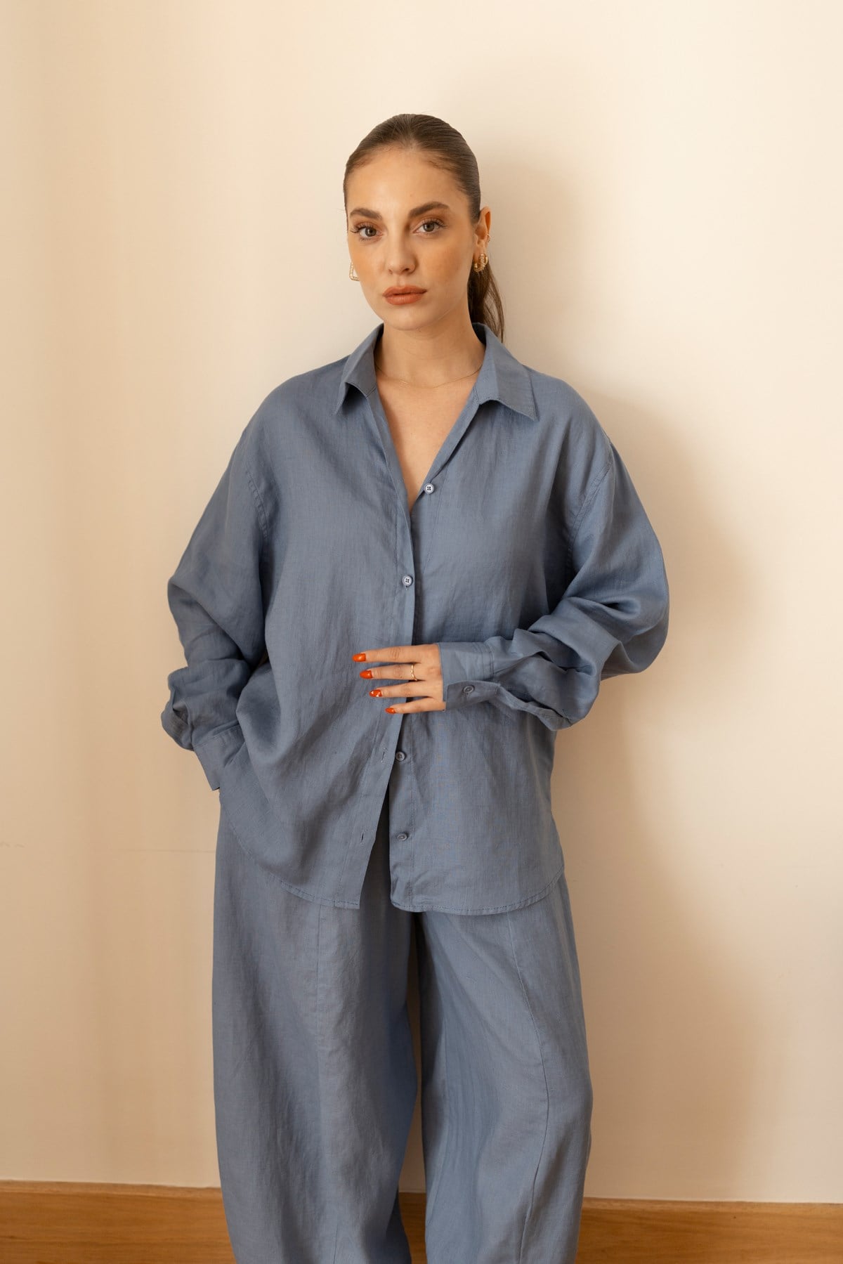 İndigo Oversize Oval Kesim Keten Gömlek
