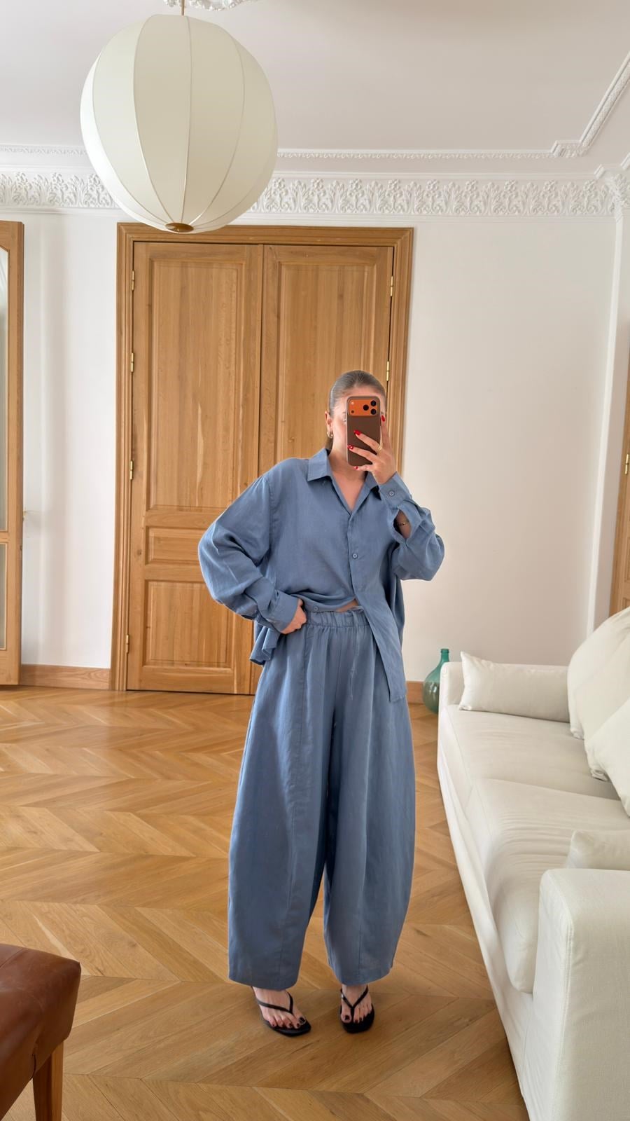 İndigo Oversize Oval Kesim Keten Gömlek