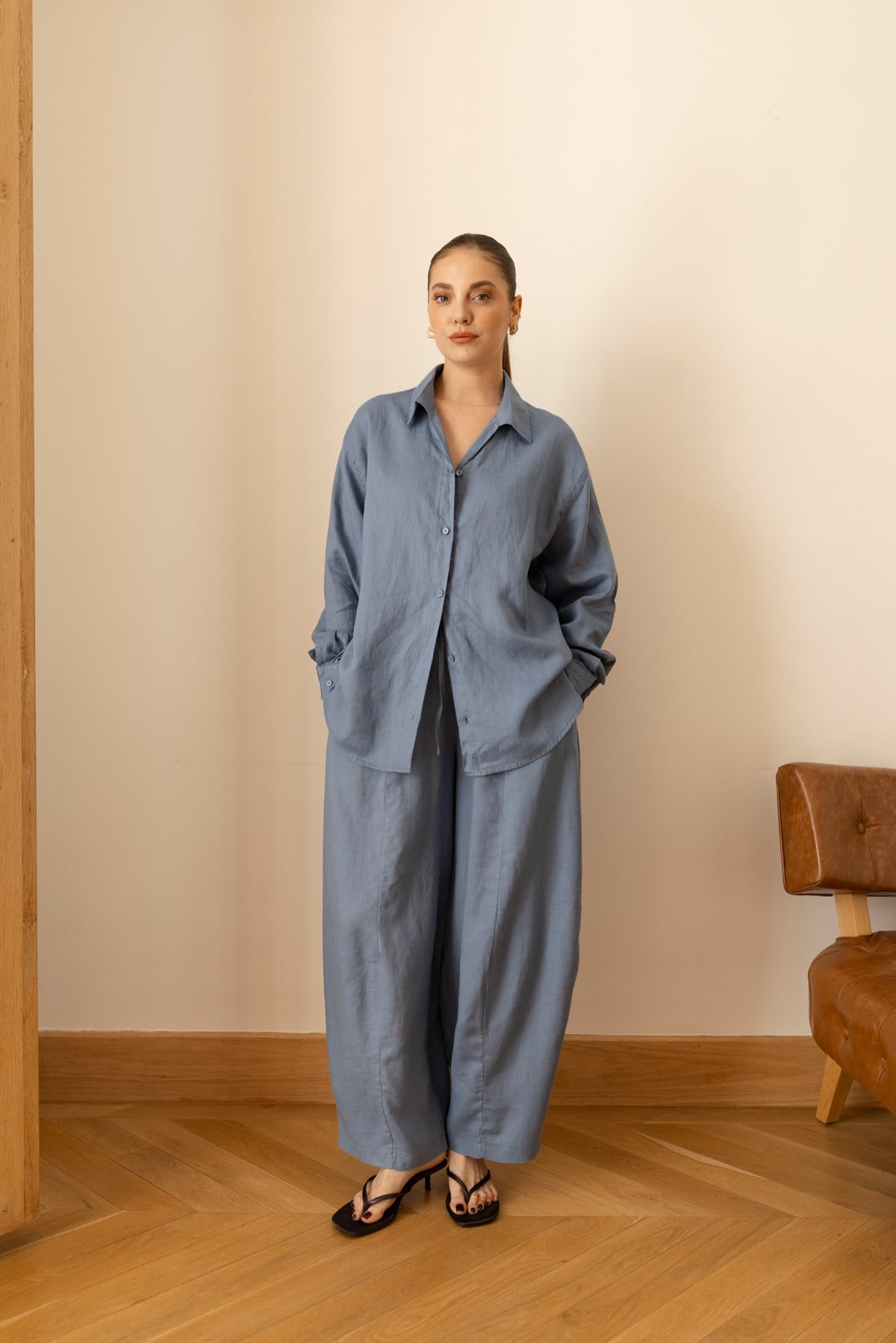 İndigo Oversize Oval Kesim Keten Gömlek