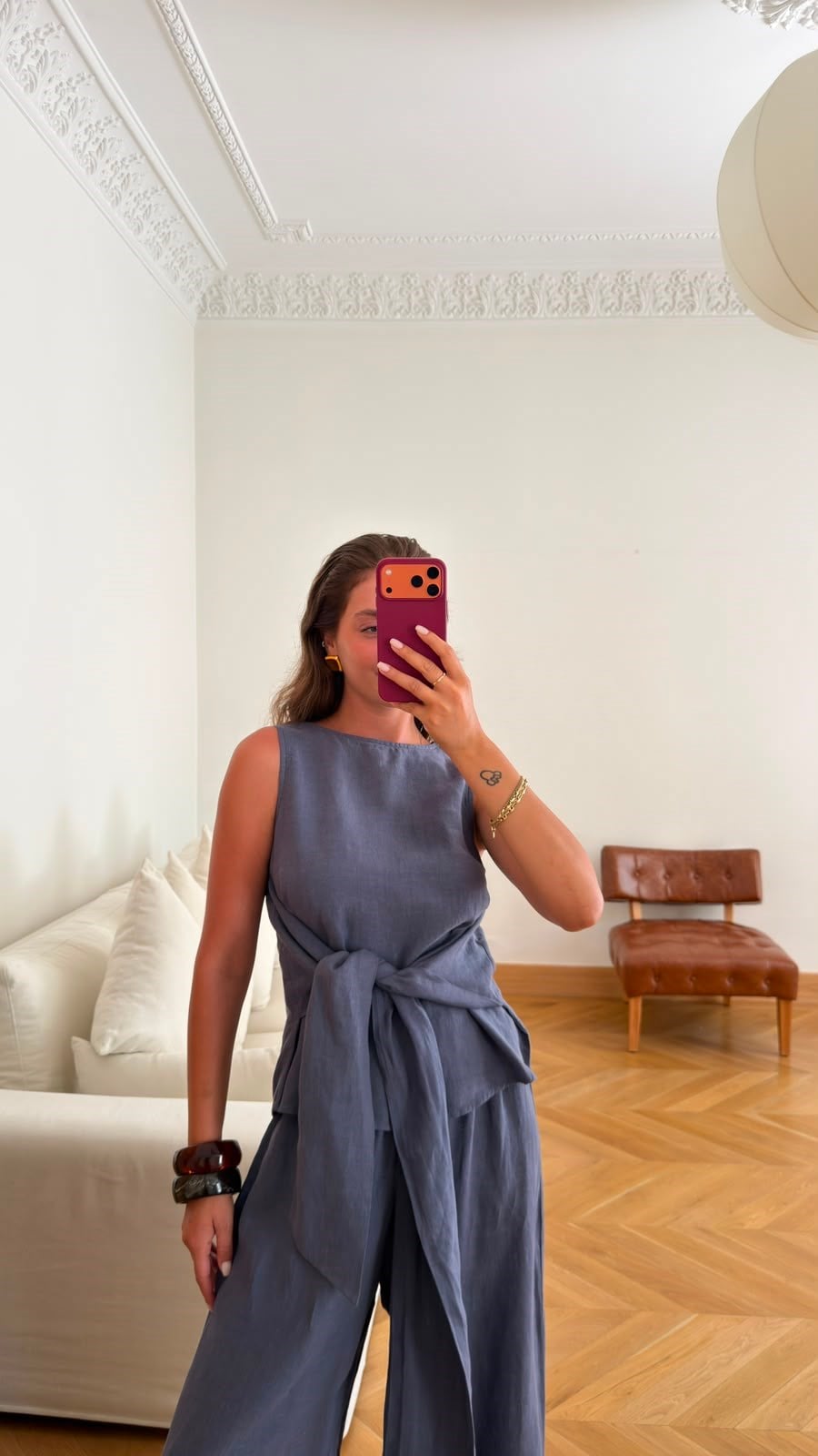 İndigo Sıfır Kol Bağlama Detaylı Bluz Pantolon Keten Takım