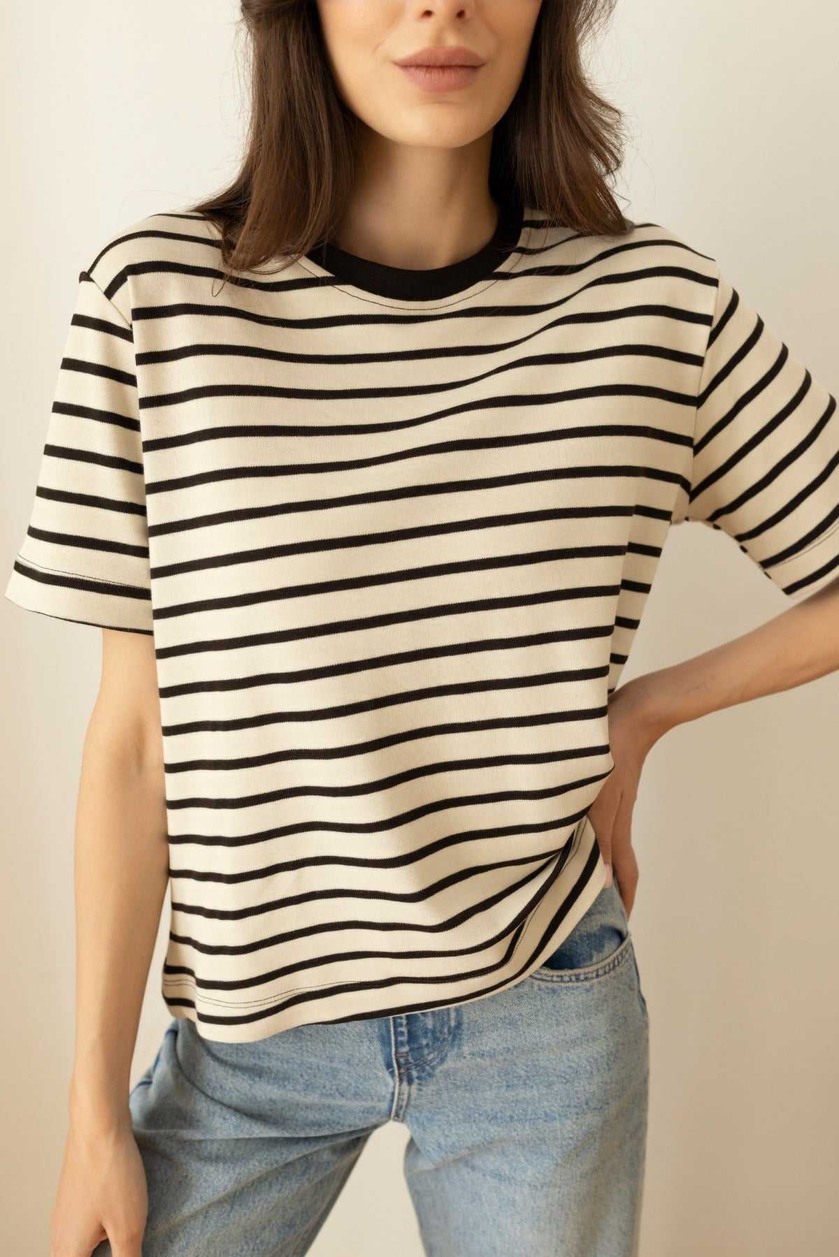 Kahve-Bej Oversize Çizgili Ve Likralı T-Shirt