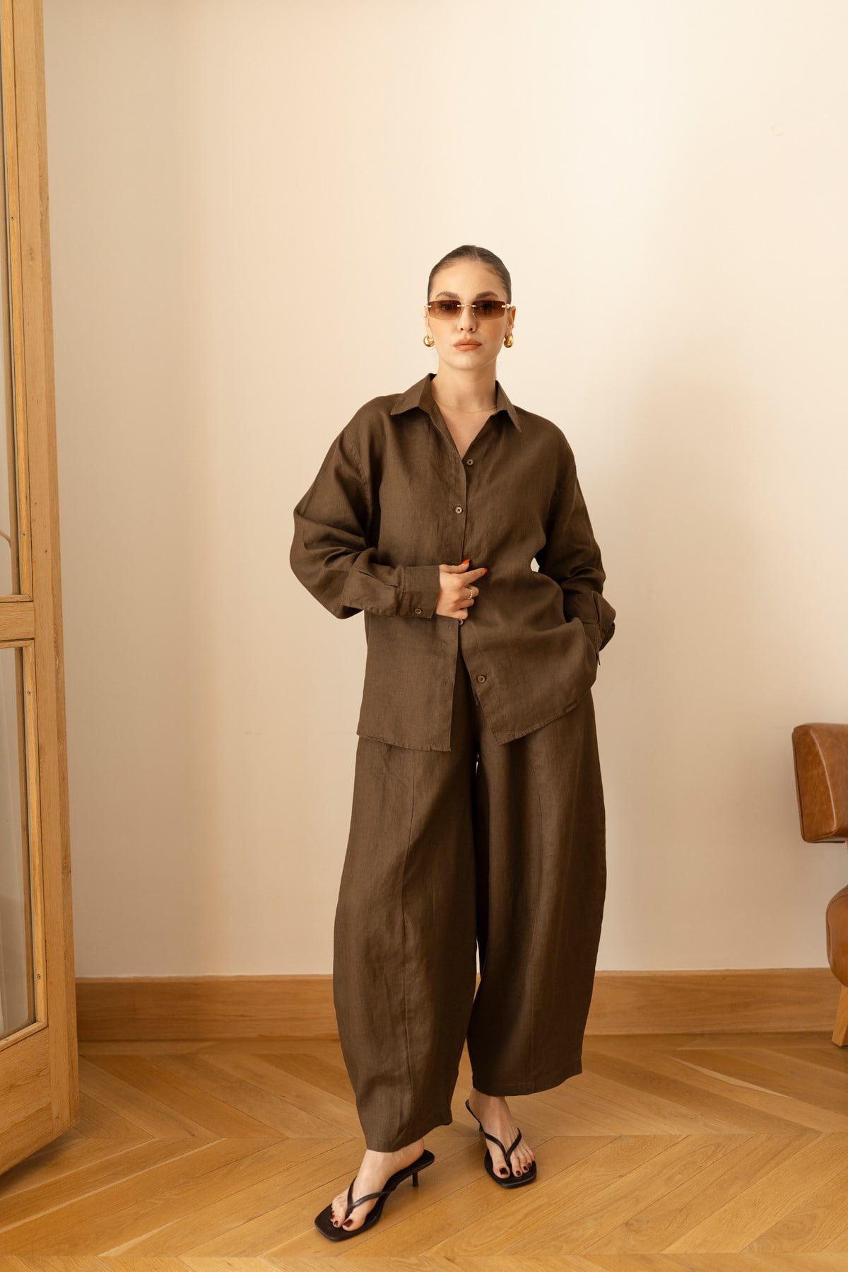 Kahve Beli Lastikli Slouchy Keten Pantolon
