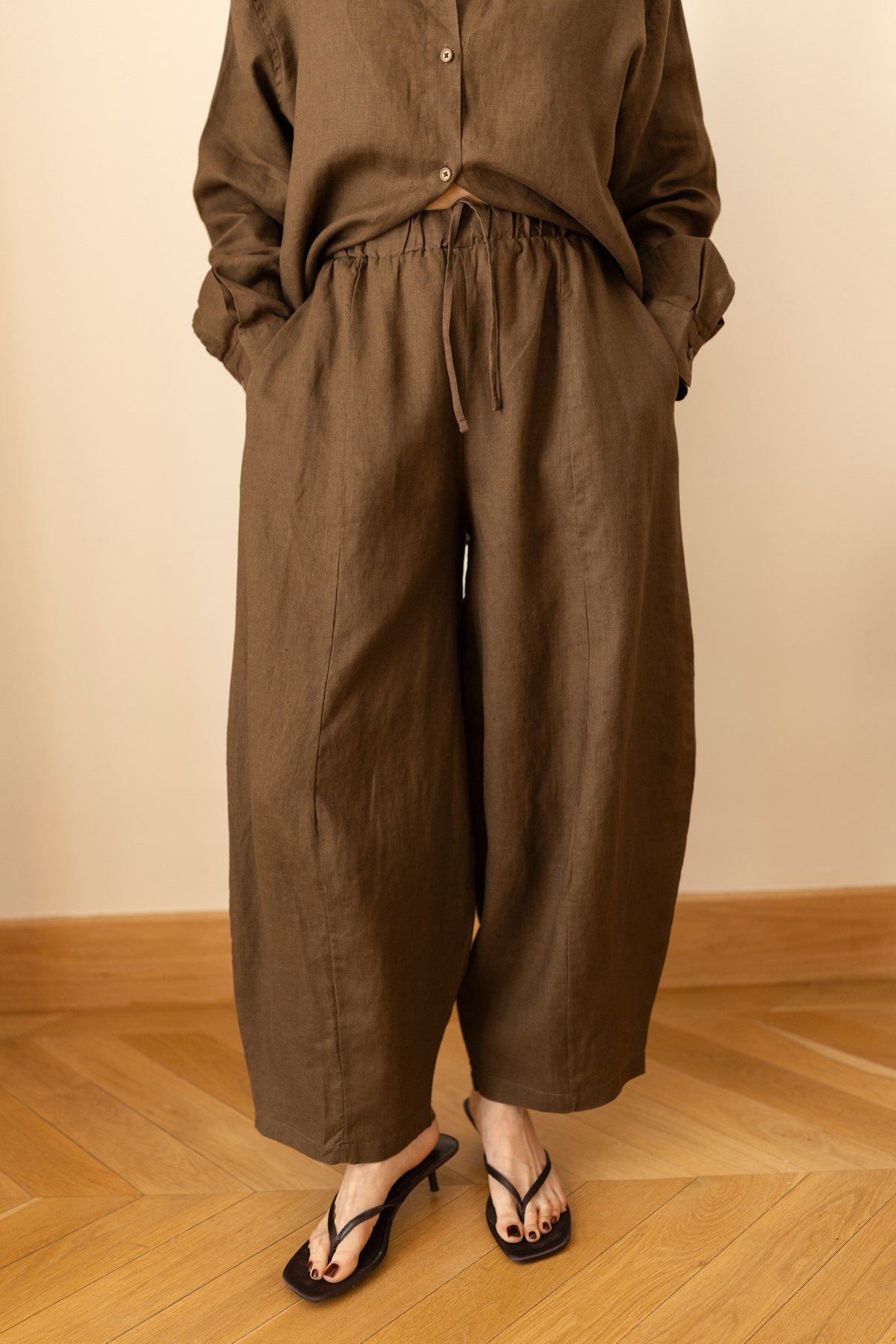 Kahve Beli Lastikli Slouchy Keten Pantolon