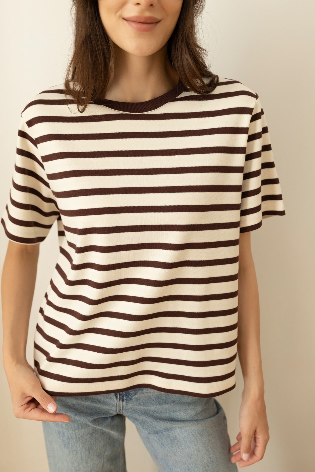 Kahve-Beyaz Oversize Çizgili T-Shirt