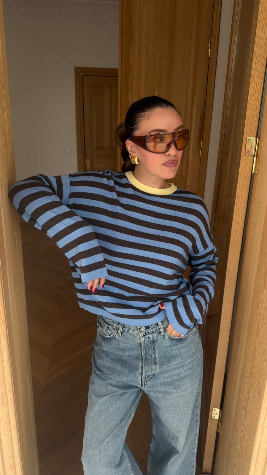 Kahve Bisiklet Yaka Çizgili Oversize Triko