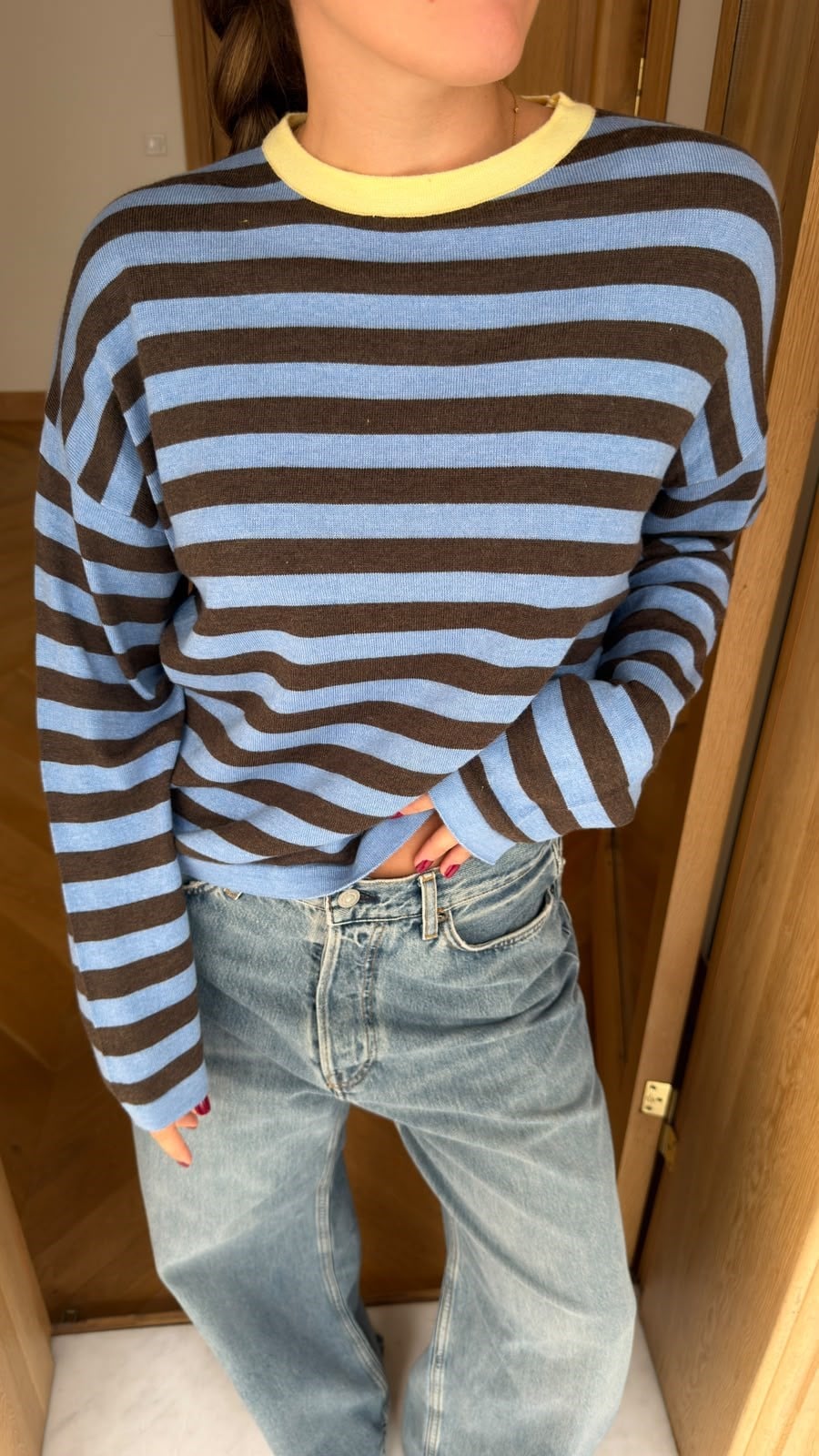 Kahve Bisiklet Yaka Çizgili Oversize Triko