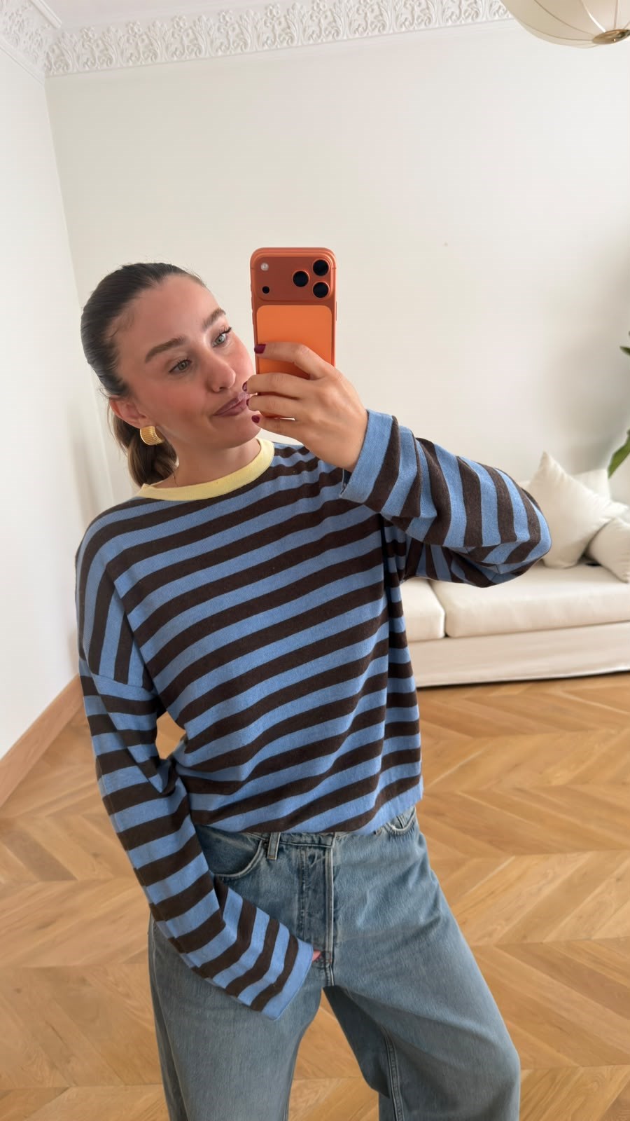 Kahve Bisiklet Yaka Çizgili Oversize Triko