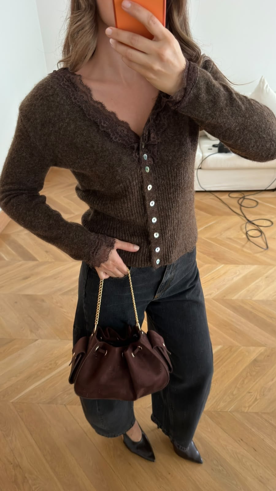Kahve Dantel Detaylı Hırka
