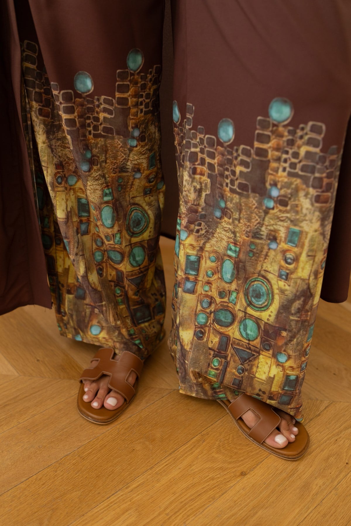 Kahve Etnik Desen Kimono Crop Ve Pantolon Takım