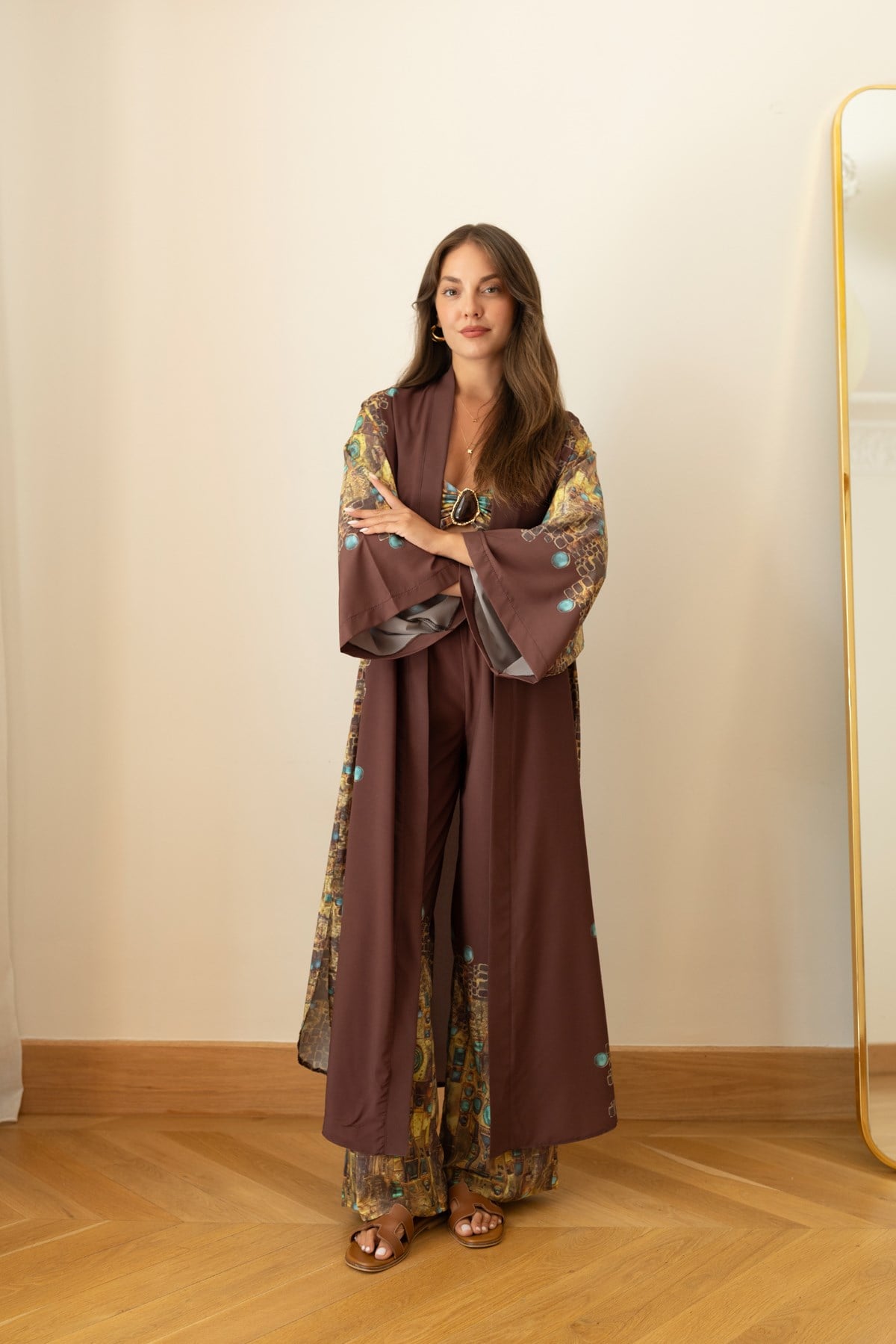 Kahve Etnik Desen Kimono Crop Ve Pantolon Takım