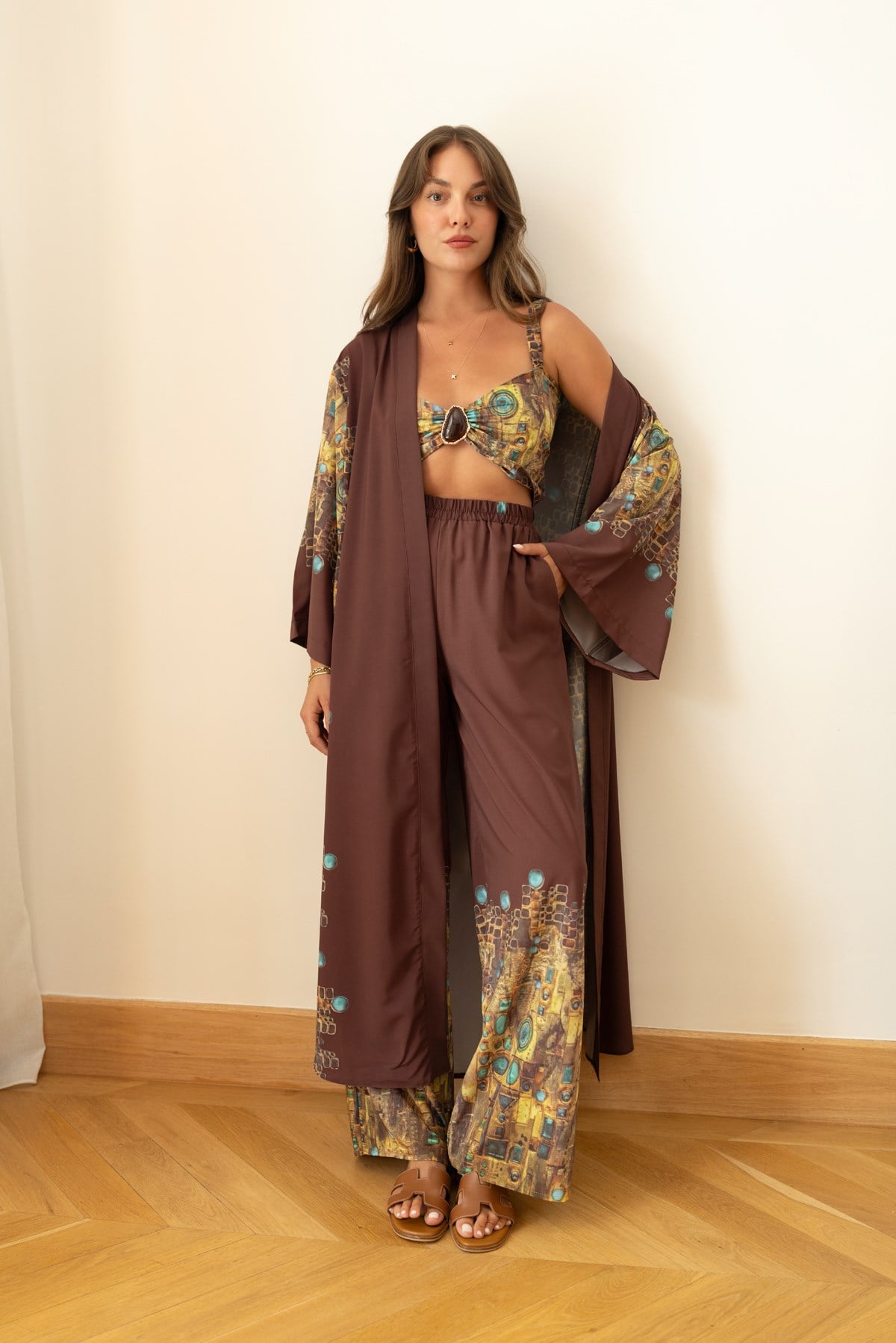 Kahve Etnik Desen Kimono Crop Ve Pantolon Takım