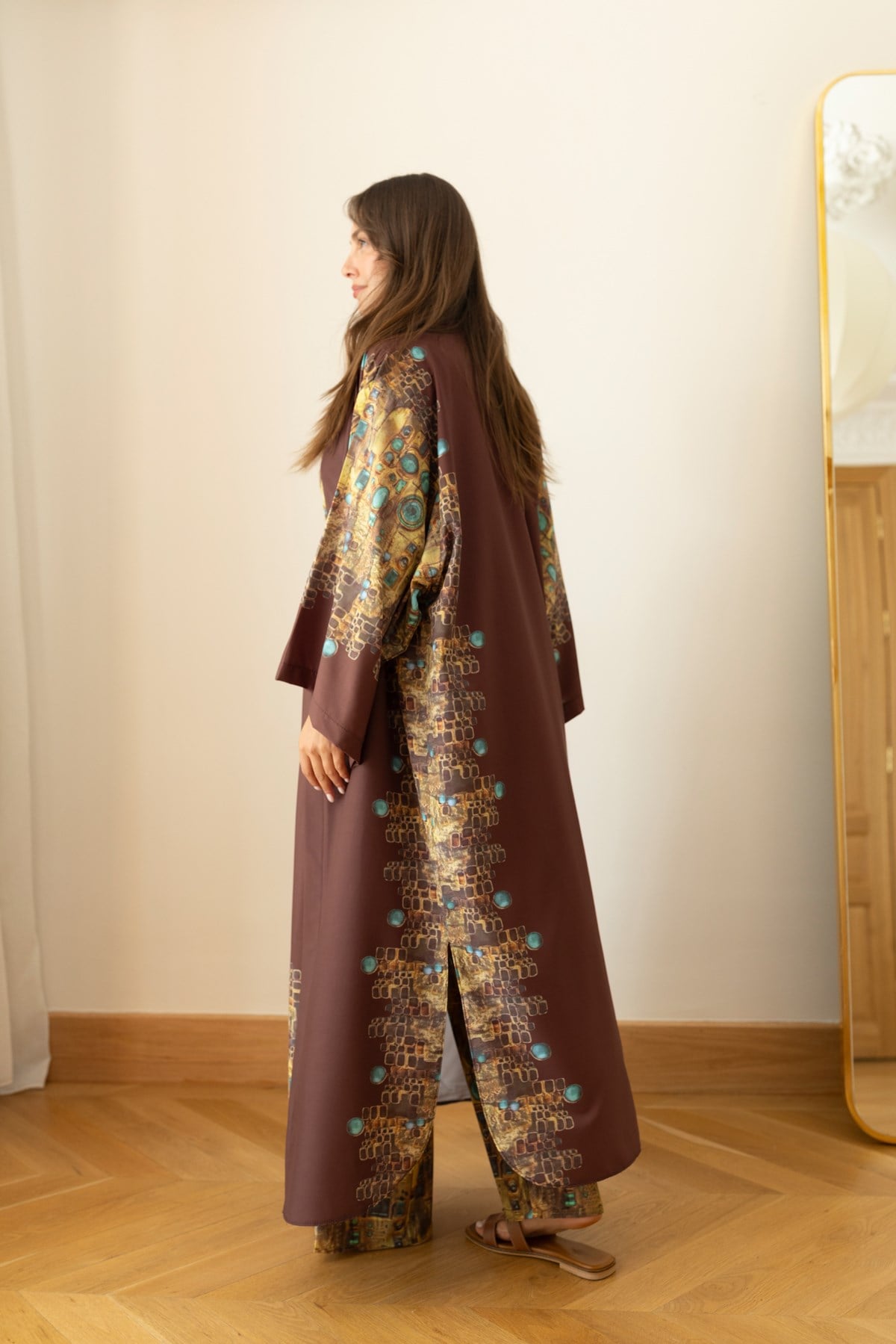 Kahve Etnik Desen Kimono Crop Ve Pantolon Takım