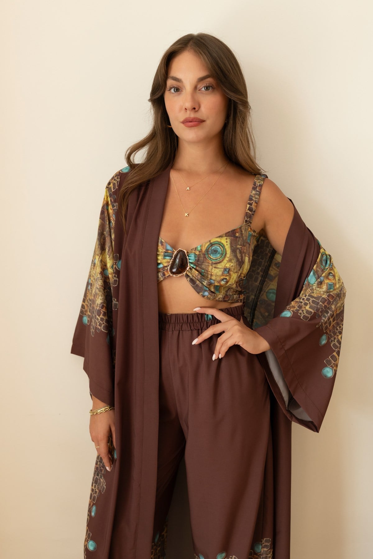 Kahve Etnik Desen Kimono Crop Ve Pantolon Takım
