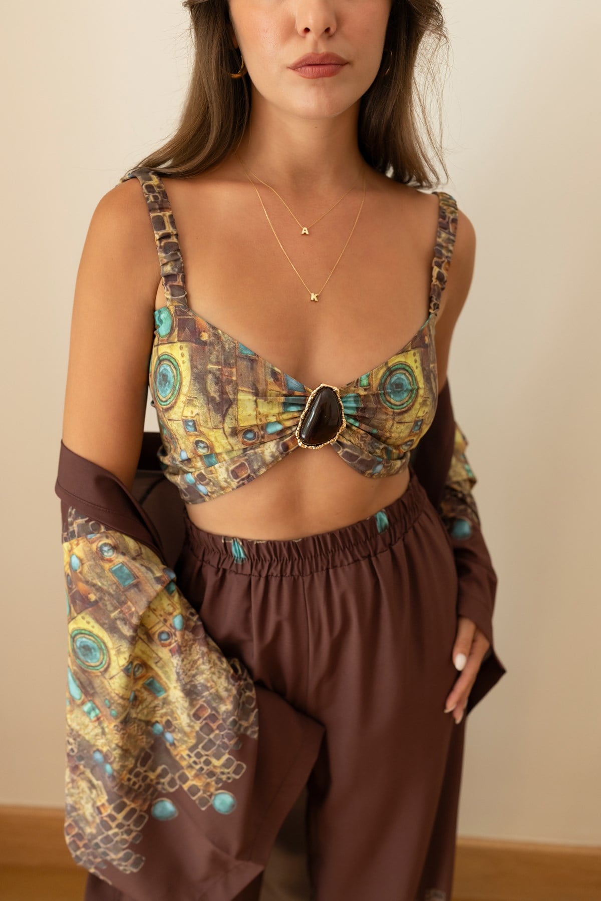 Kahve Etnik Desen Kimono Crop Ve Pantolon Takım