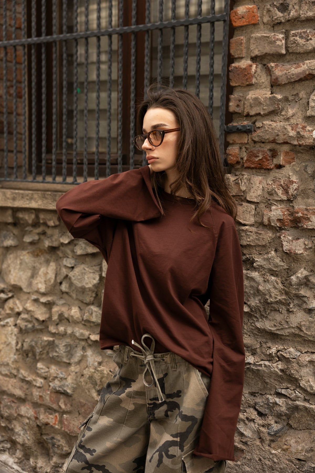 Kahve Oversize İspanyol Kol Basic T-Shirt