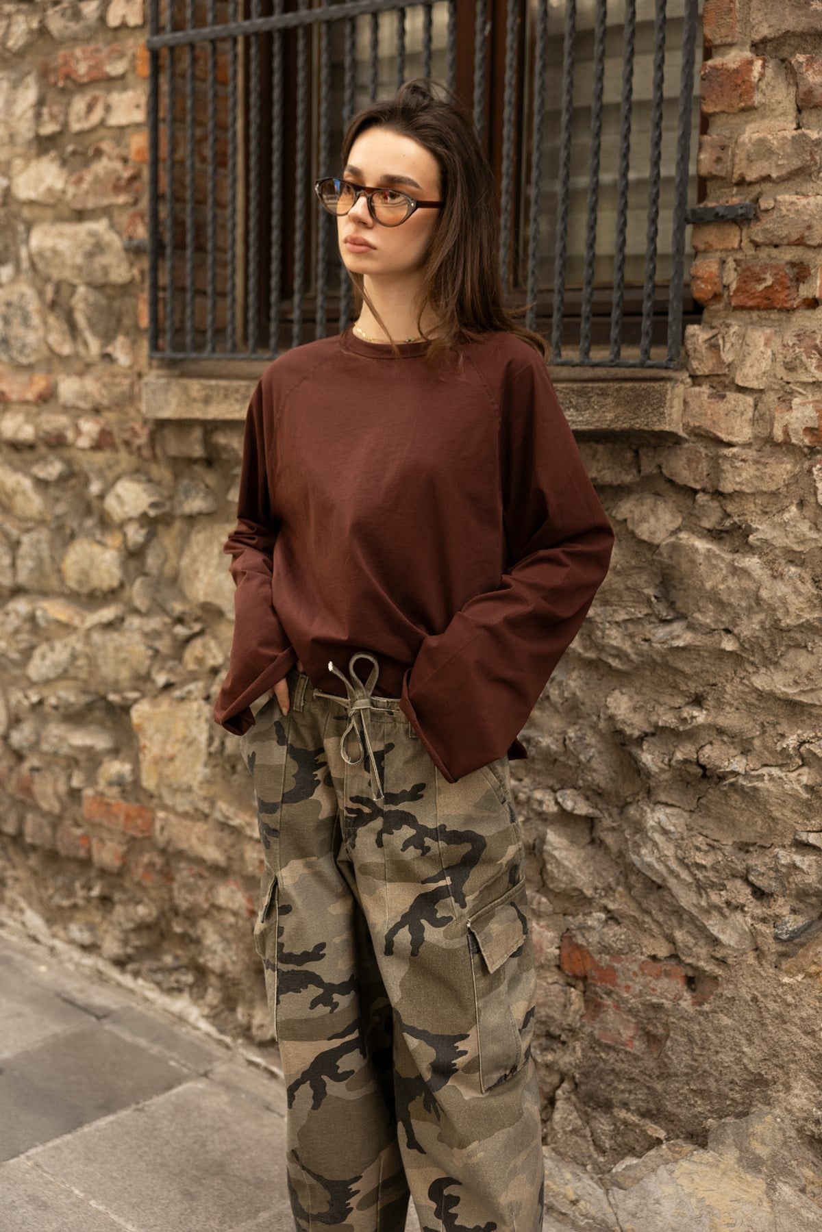 Kahve Oversize İspanyol Kol Basic T-Shirt