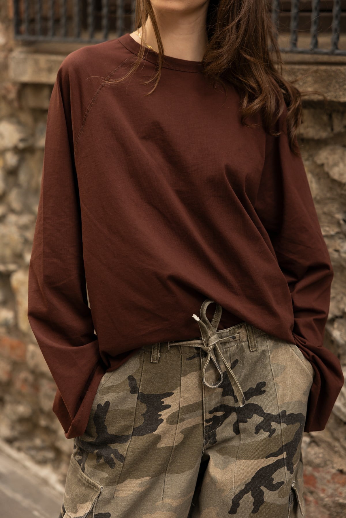 Kahve Oversize İspanyol Kol Basic T-Shirt
