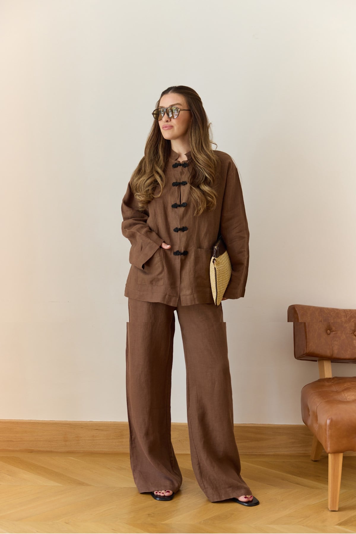 Kahve Oversize Önden İki Cepli Keten Gömlek Pantolon Takım