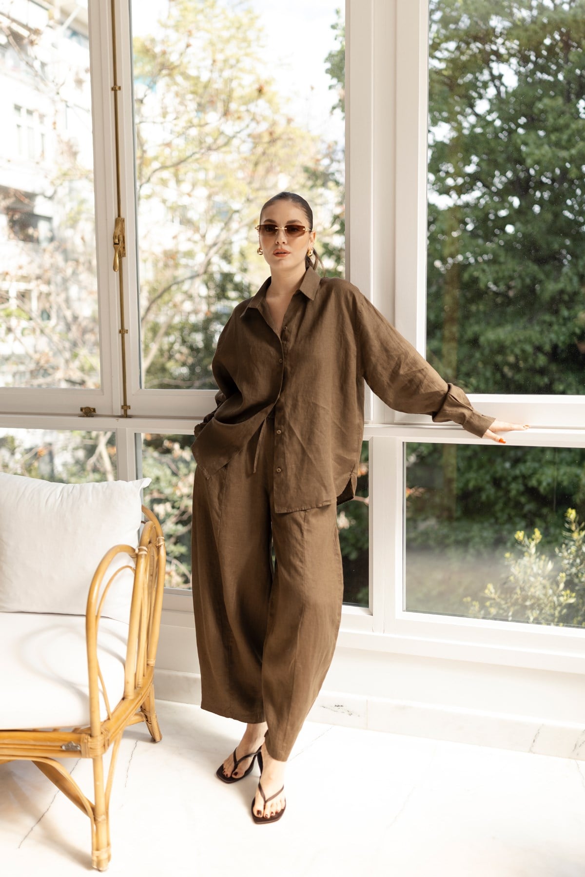 Kahve Oversize Oval Kesim Keten Gömlek