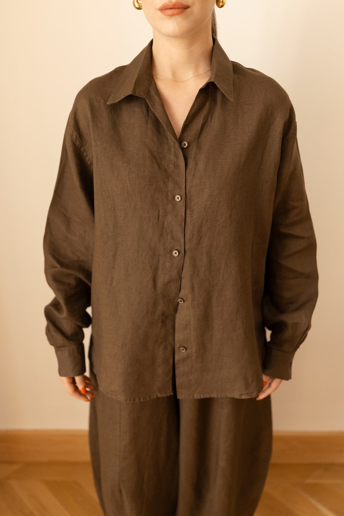 Kahve Oversize Oval Kesim Keten Gömlek