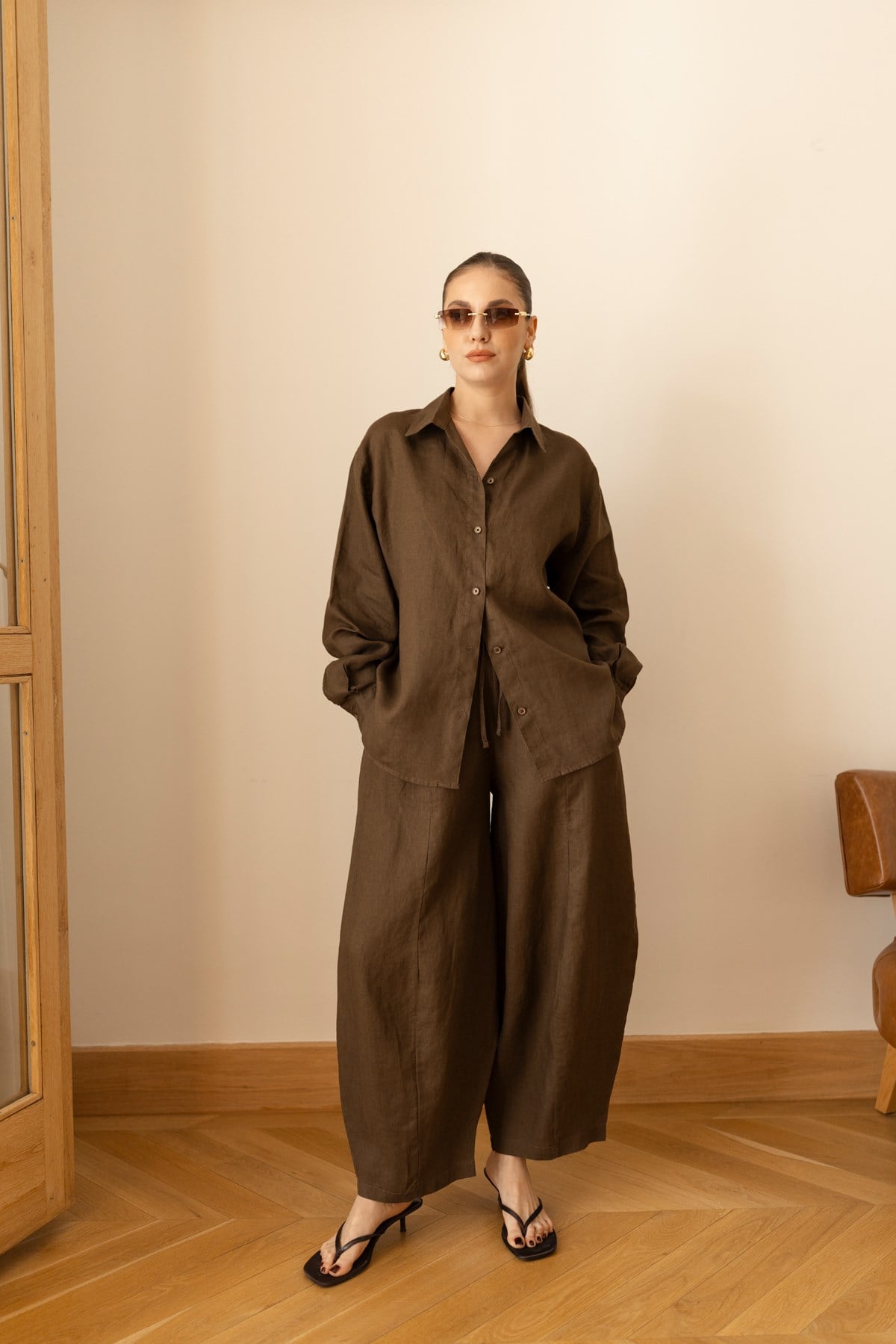 Kahve Oversize Oval Kesim Keten Gömlek