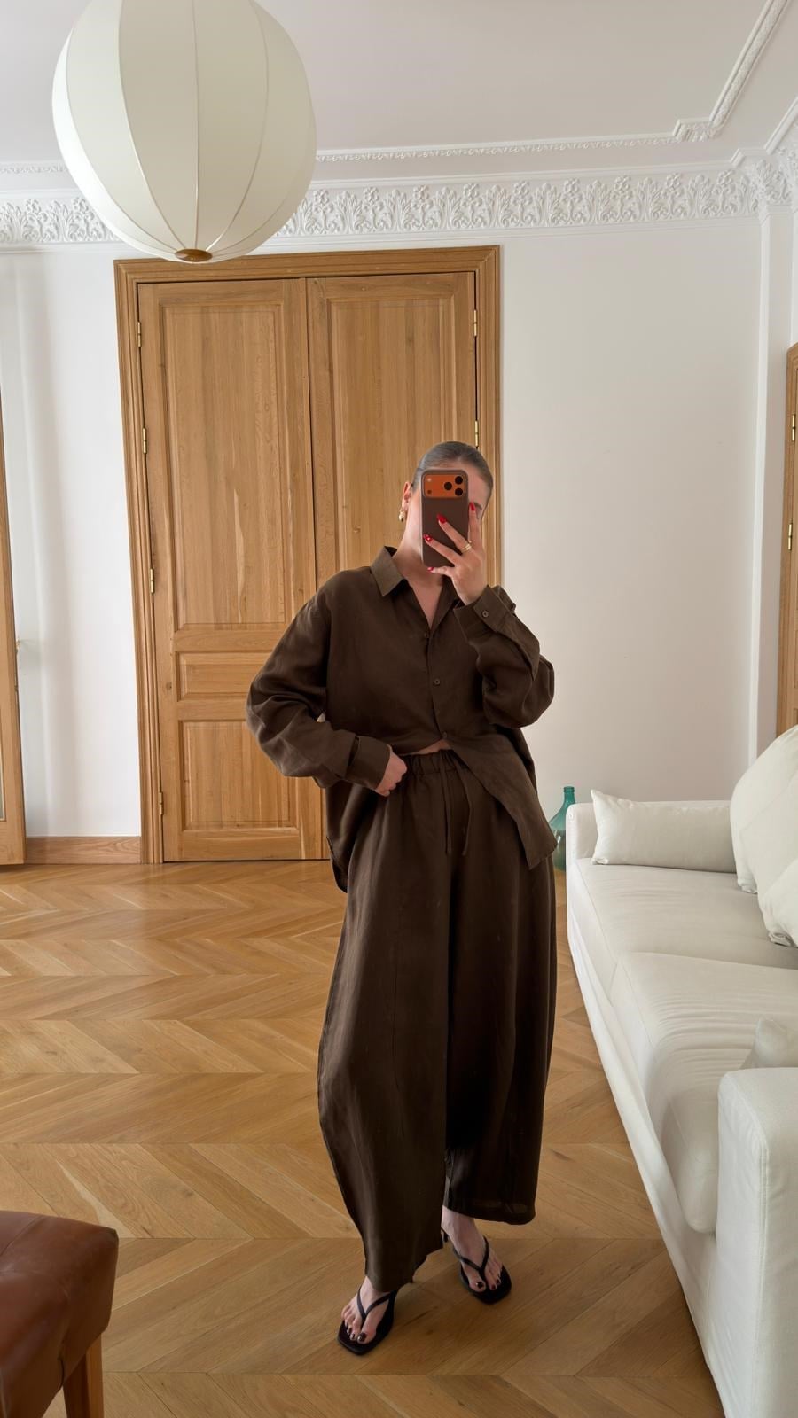 Kahve Oversize Oval Kesim Keten Gömlek