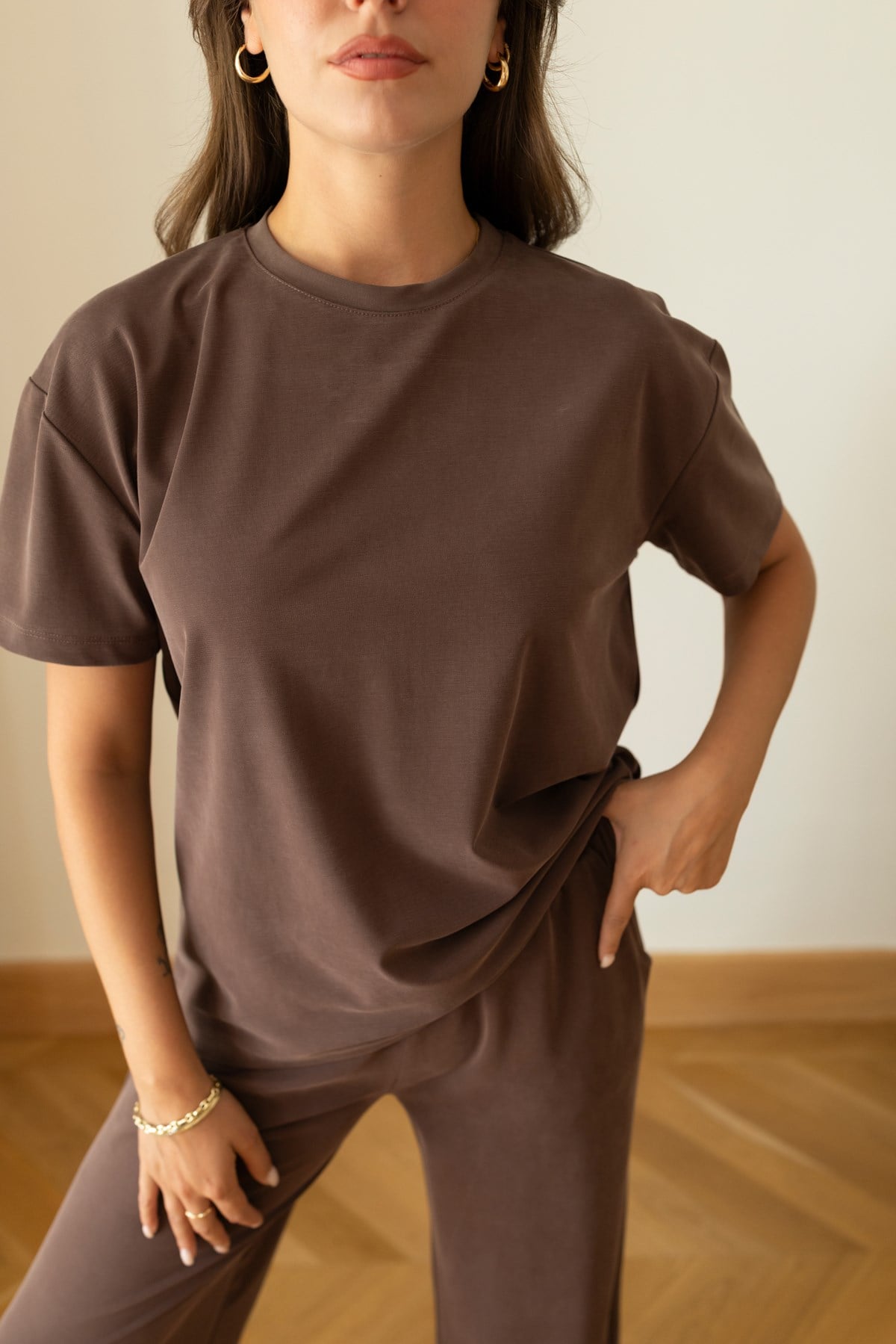 Kahve Oversize T-Shirt Ve Pantolon Takım
