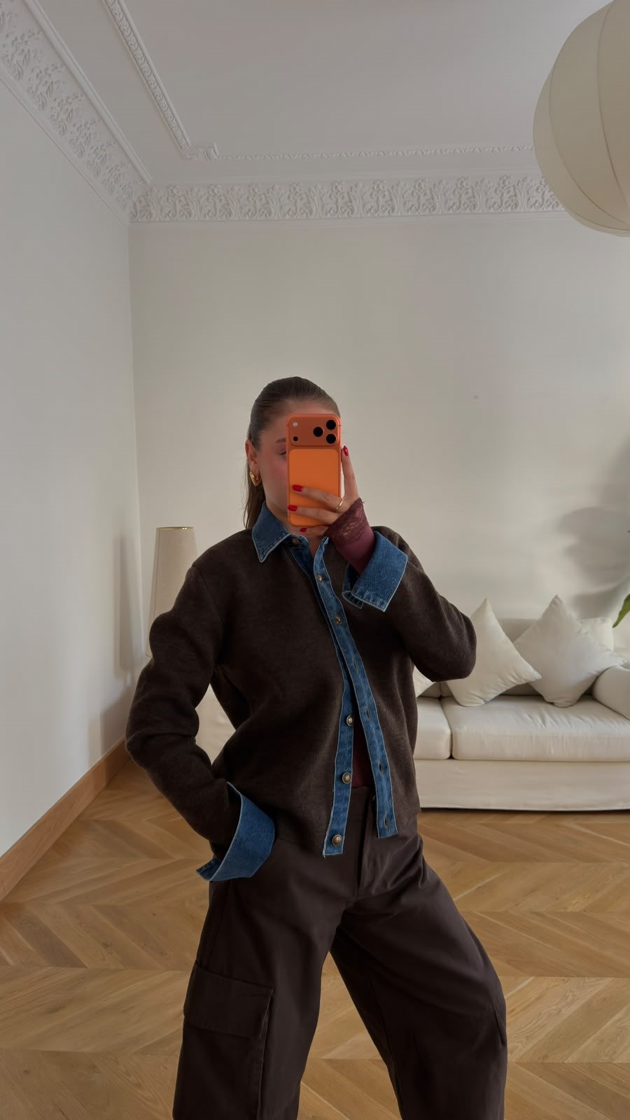 Kahve Polo Yaka Denim Detaylı Hırka