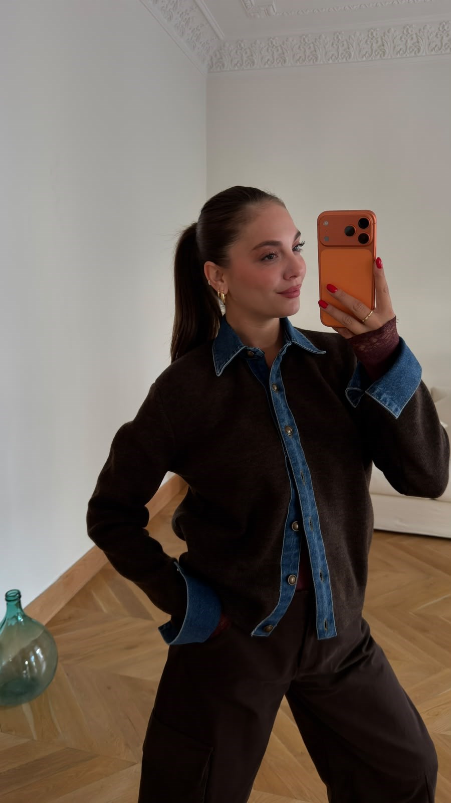 Kahve Polo Yaka Denim Detaylı Hırka