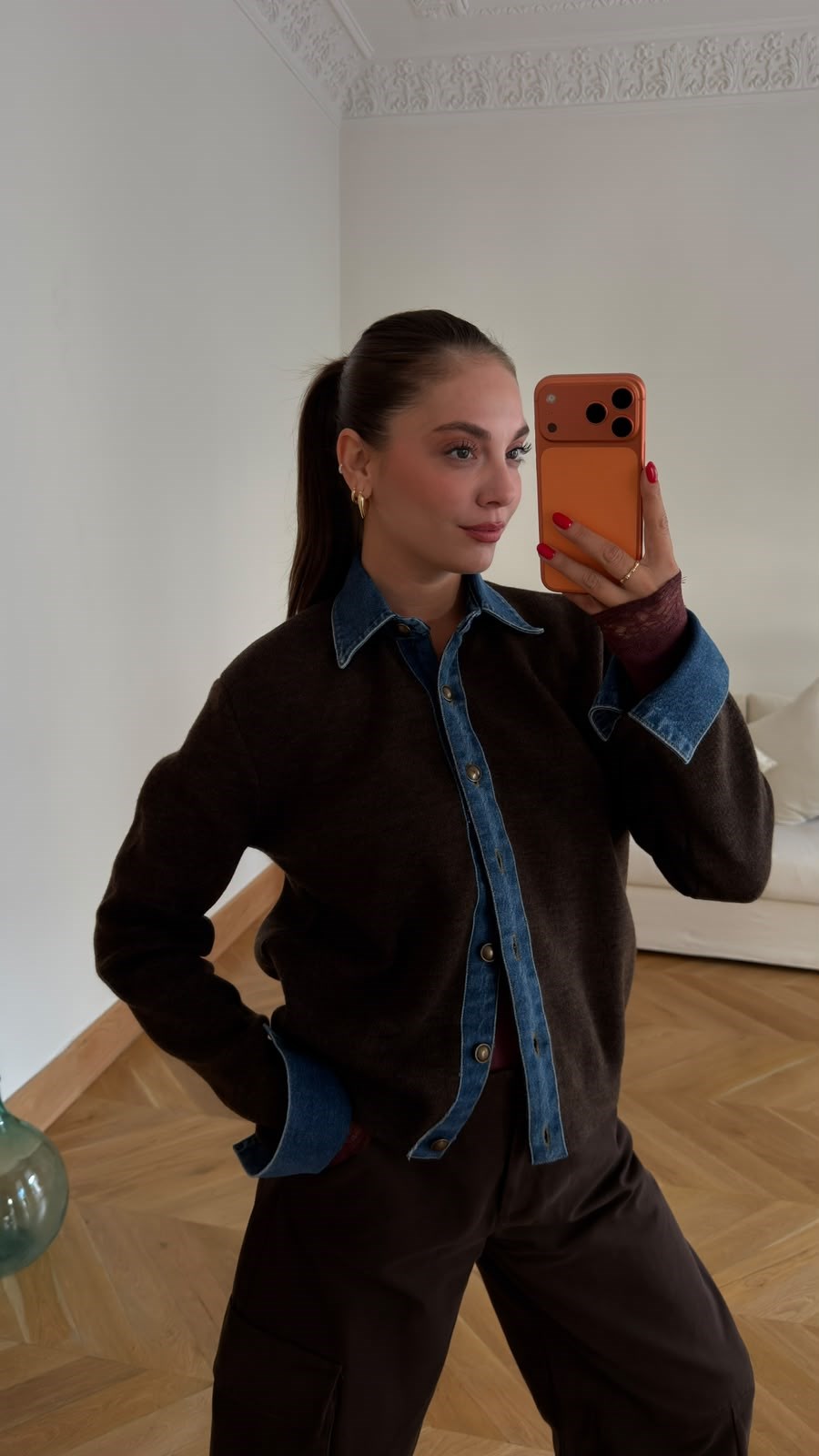 Kahve Polo Yaka Denim Detaylı Hırka