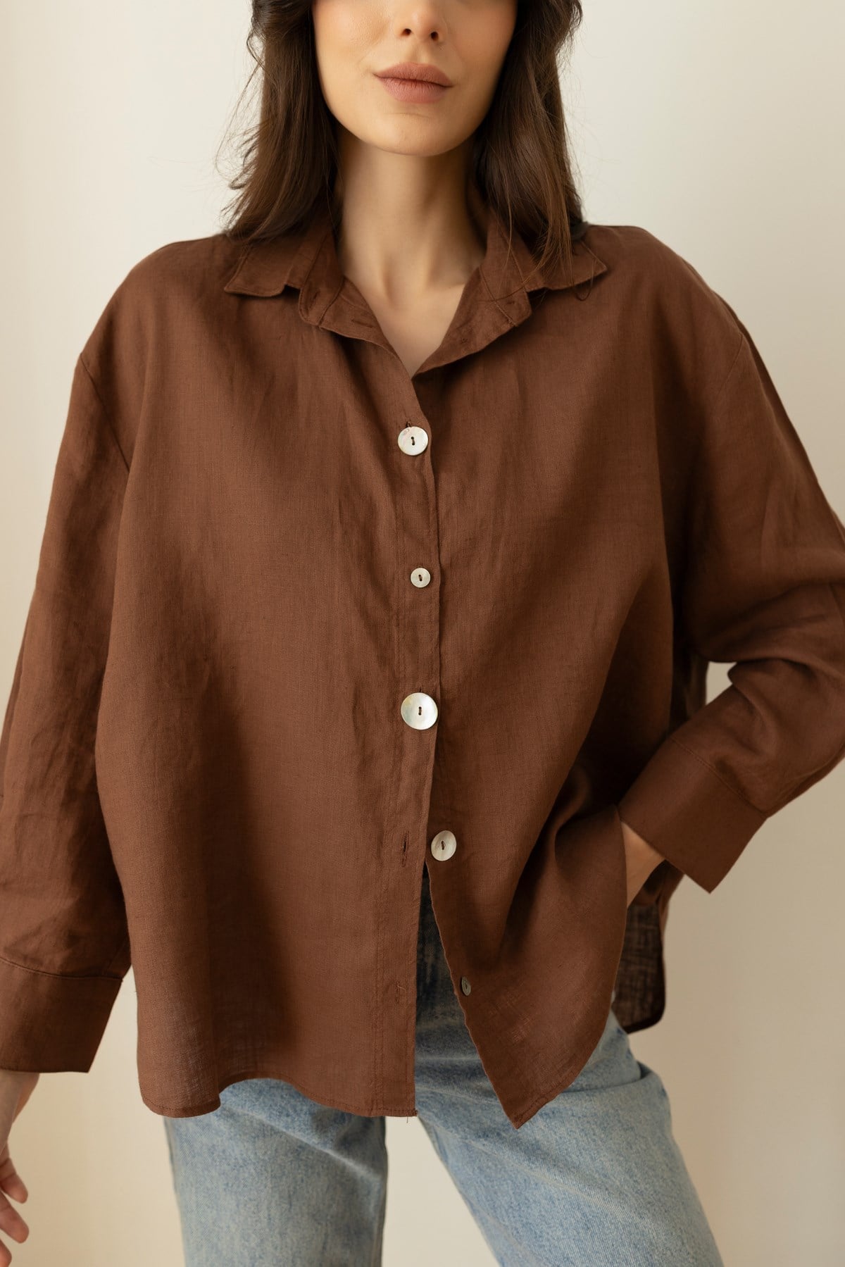 Kahve Sedef Düğme Detaylı Oversize Keten Gömlek