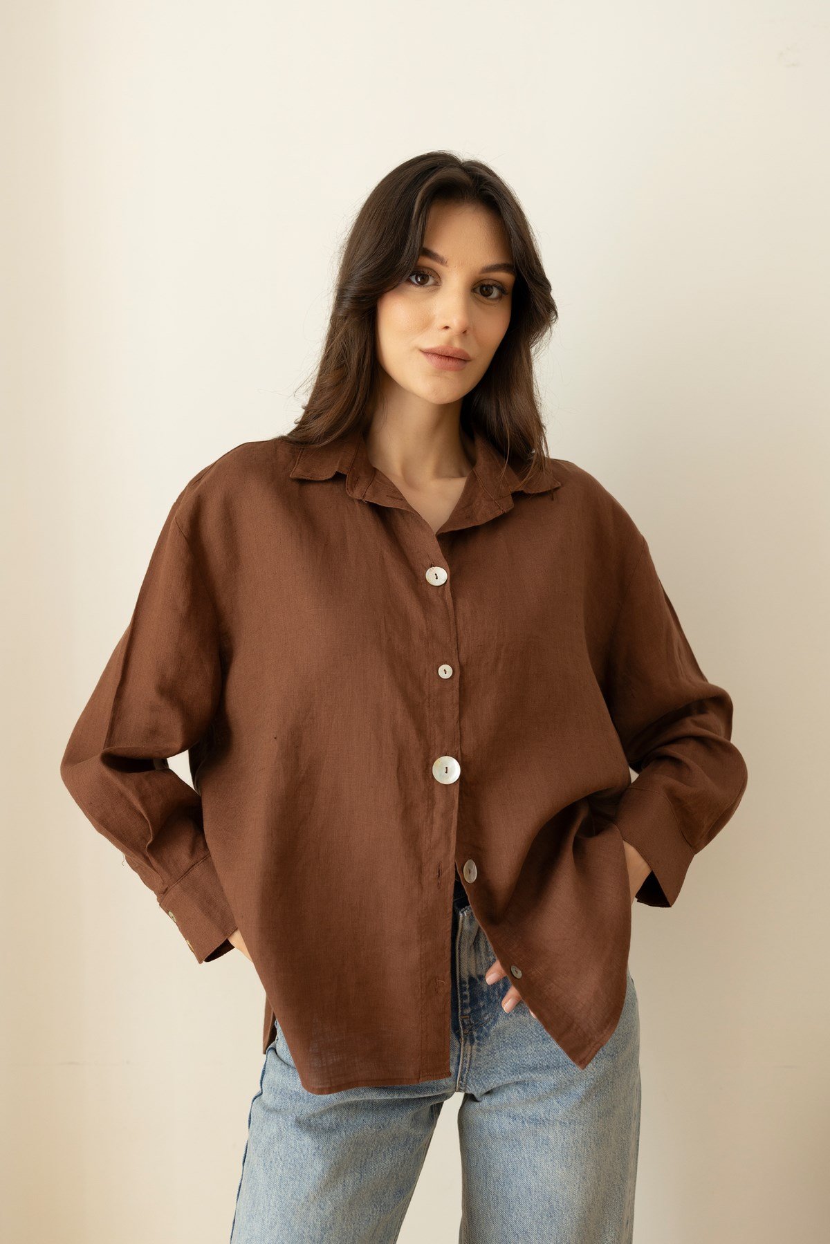 Kahve Sedef Düğme Detaylı Oversize Keten Gömlek