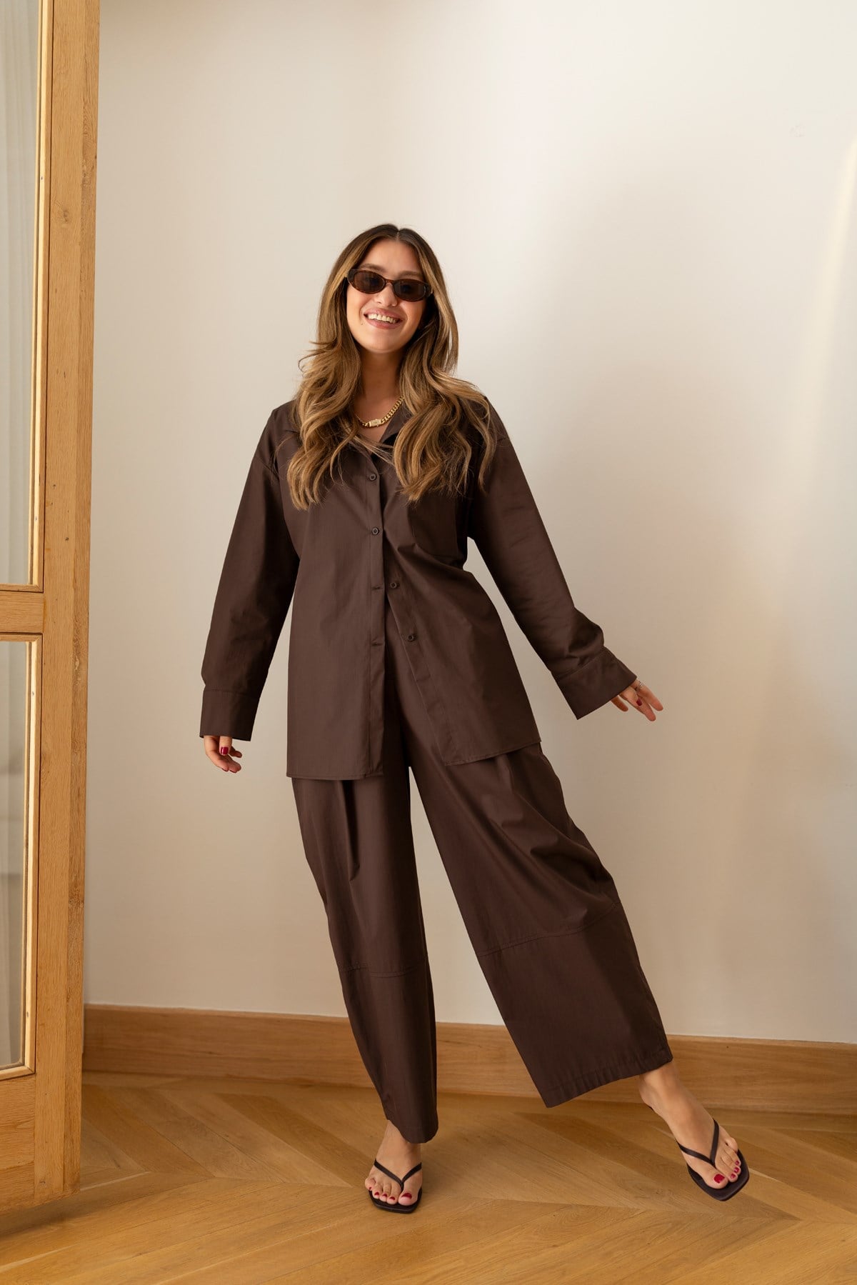 Kahve Tek Cepli Oversize Gömlek  Pantolon Takım
