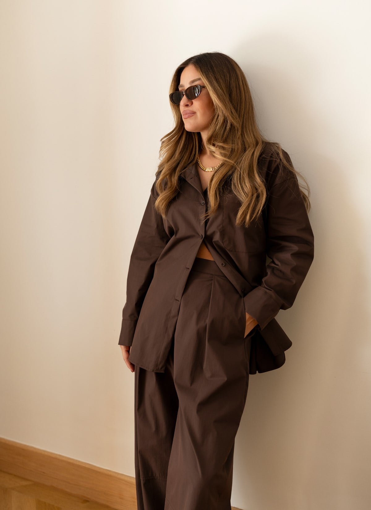 Kahve Tek Cepli Oversize Gömlek  Pantolon Takım