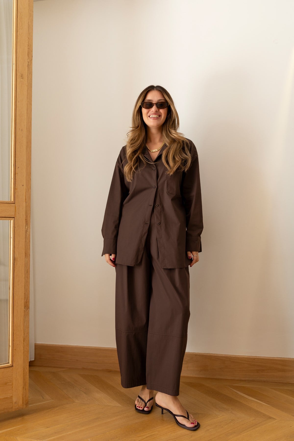 Kahve Tek Cepli Oversize Gömlek  Pantolon Takım
