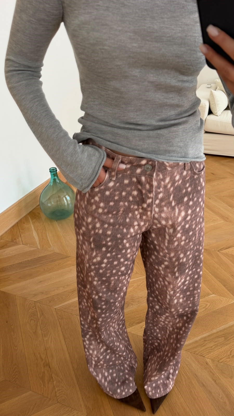 Kahve Yüksek Bel Batik Desenli Jean Pantolon