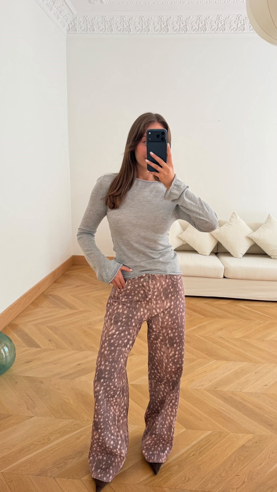 Kahve Yüksek Bel Batik Desenli Jean Pantolon