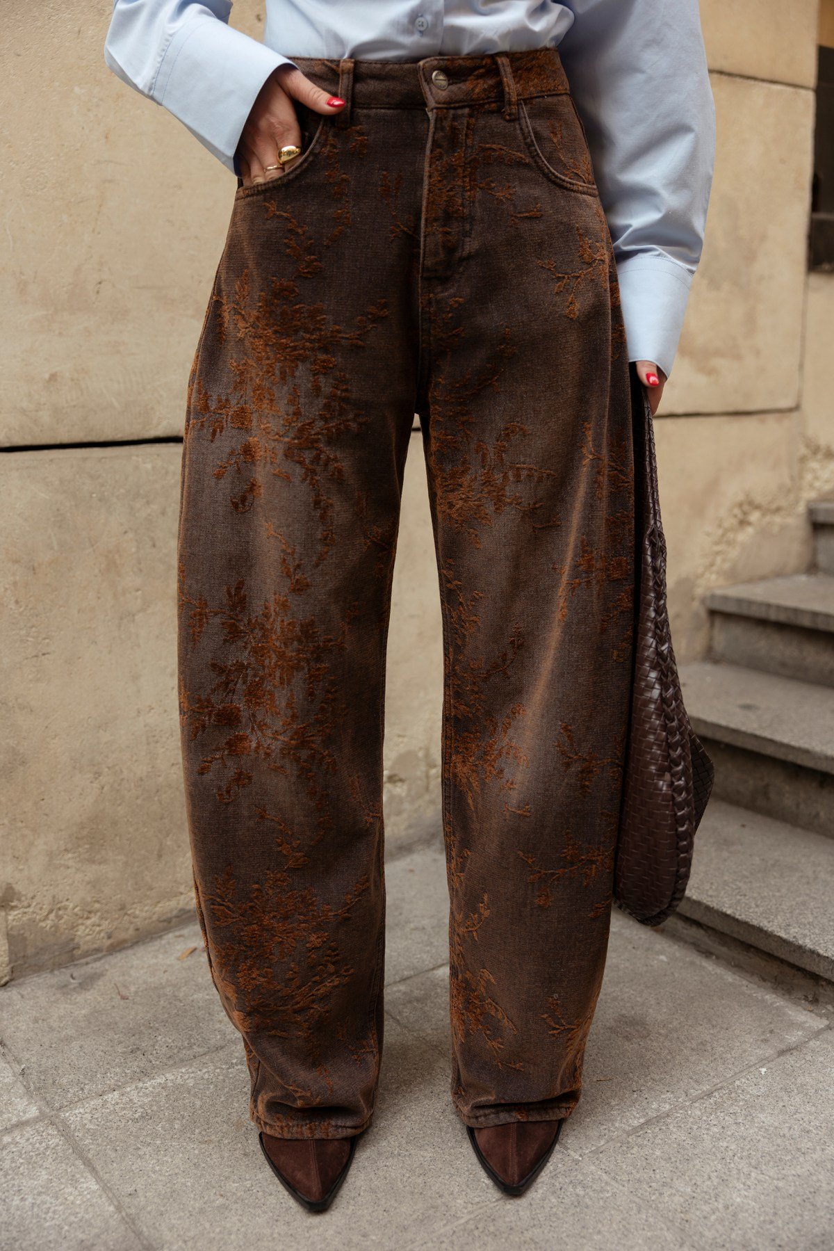 Kahve Yüksek Bel Kadife Çiçek Baskılı Slouchy  Jean Pantolon