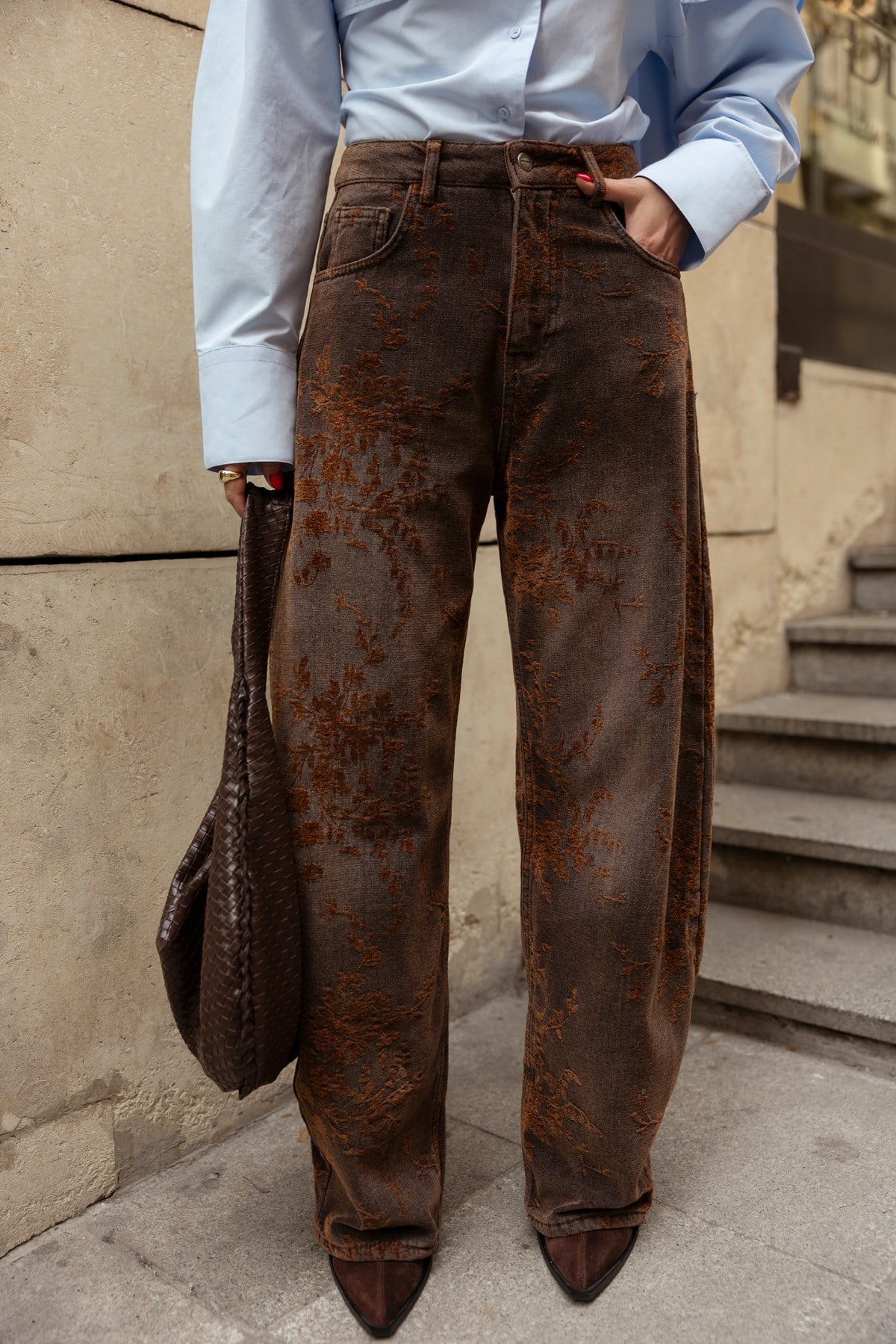 Kahve Yüksek Bel Kadife Çiçek Baskılı Slouchy  Jean Pantolon
