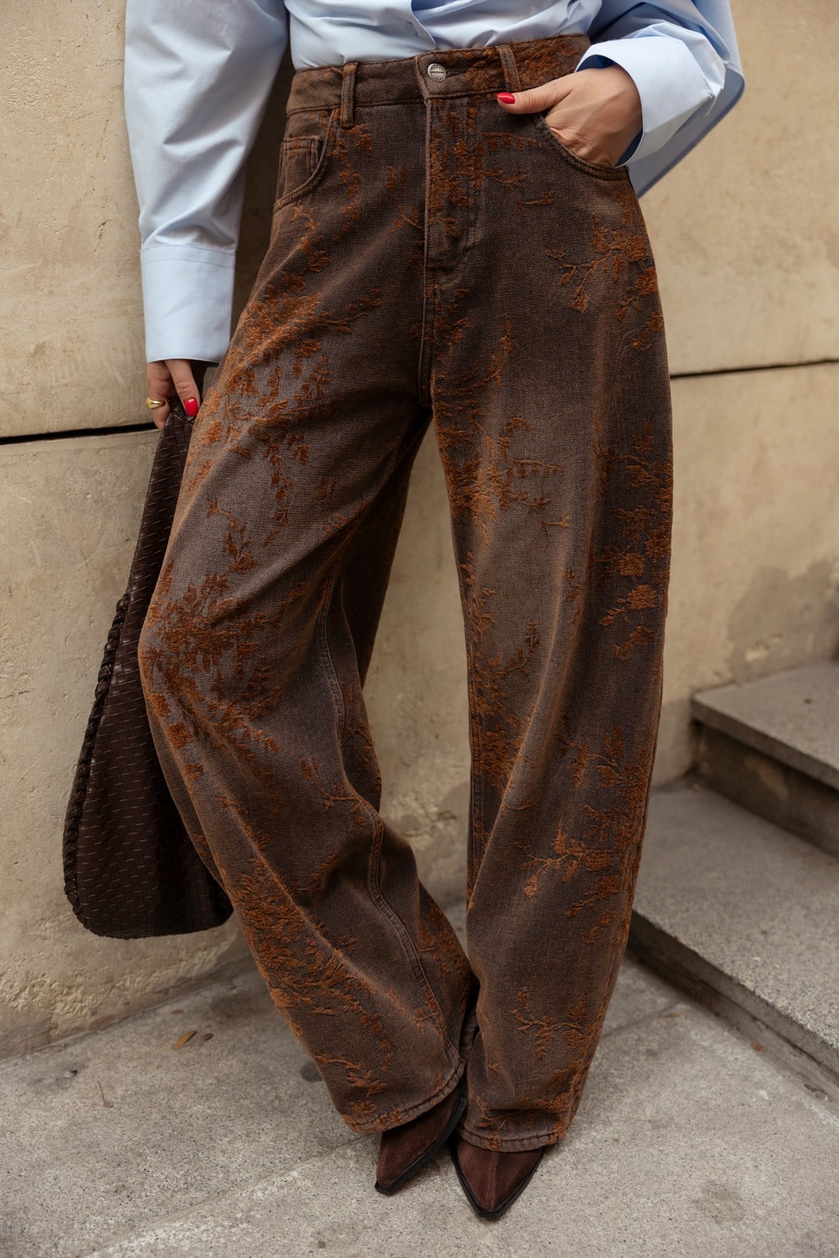 Kahve Yüksek Bel Kadife Çiçek Baskılı Slouchy  Jean Pantolon