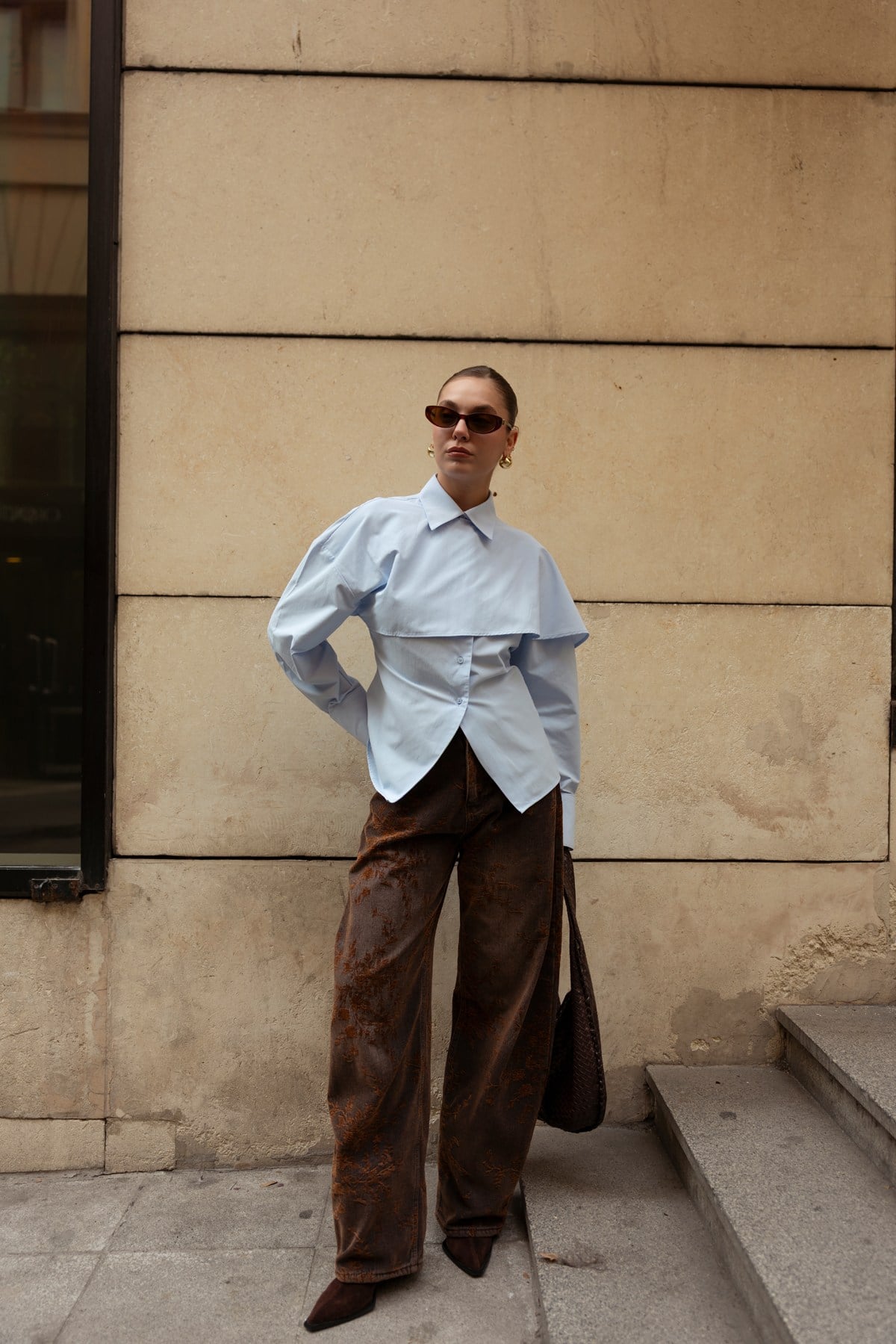 Kahve Yüksek Bel Kadife Çiçek Baskılı Slouchy  Jean Pantolon