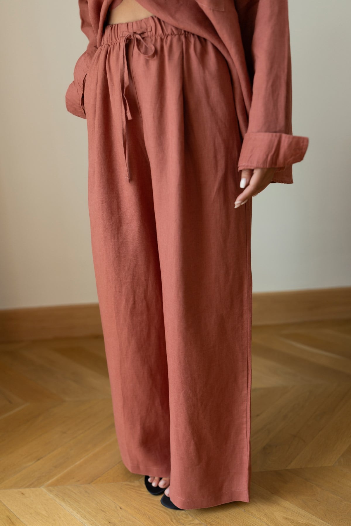 Kiremit Beli Lastikli Ve İpli Keten Pantolon