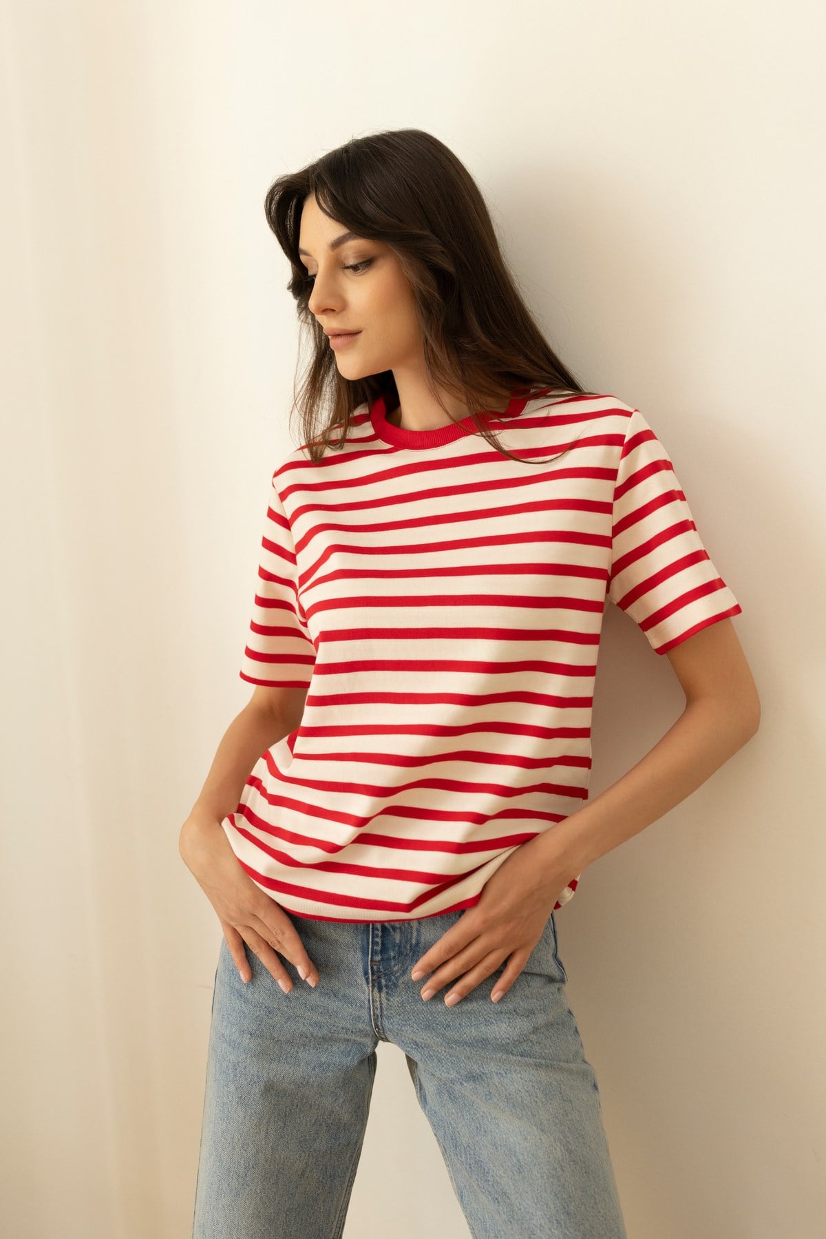 Kırmızı-Beyaz Oversize Çizgili T-Shirt