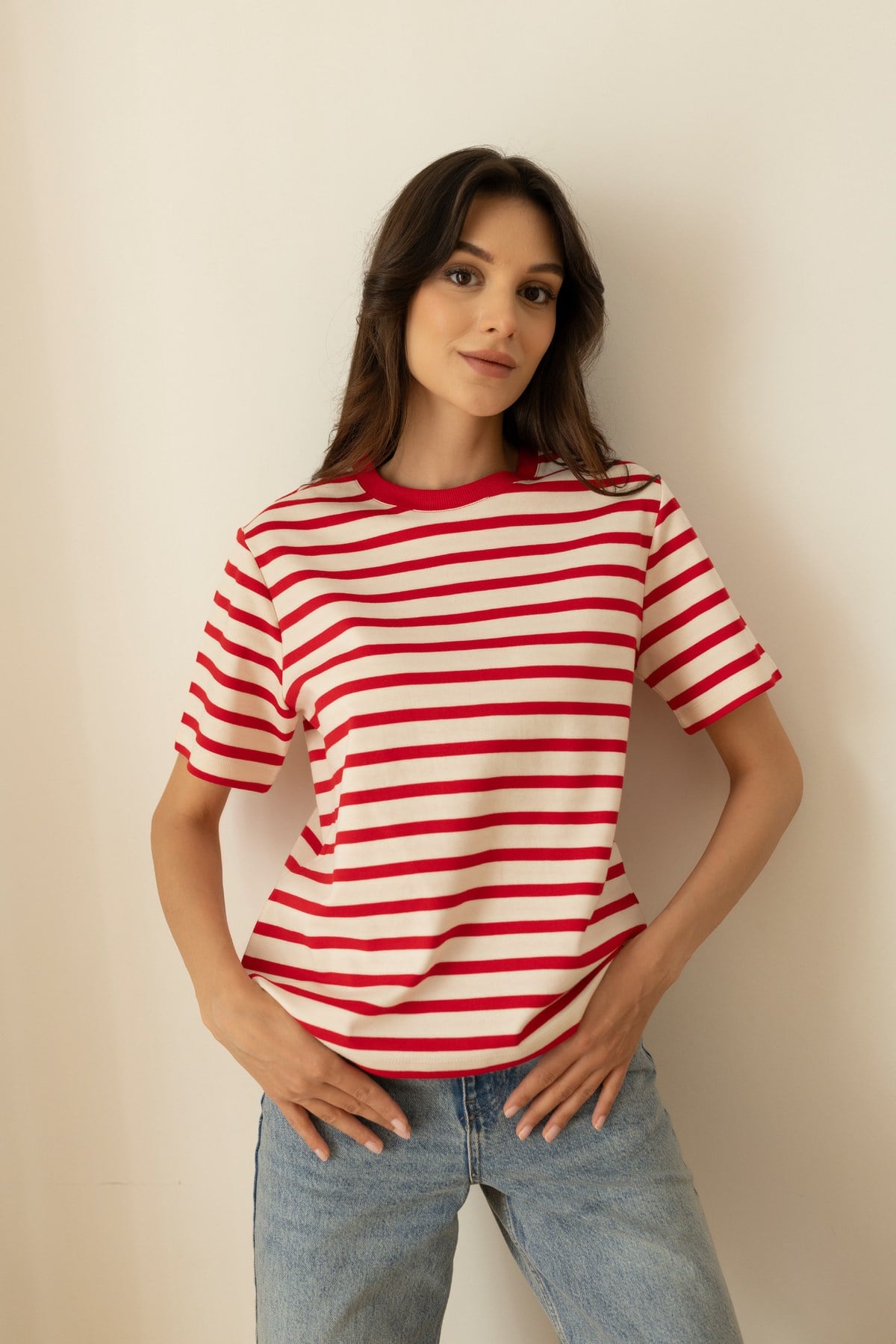 Kırmızı-Beyaz Oversize Çizgili T-Shirt