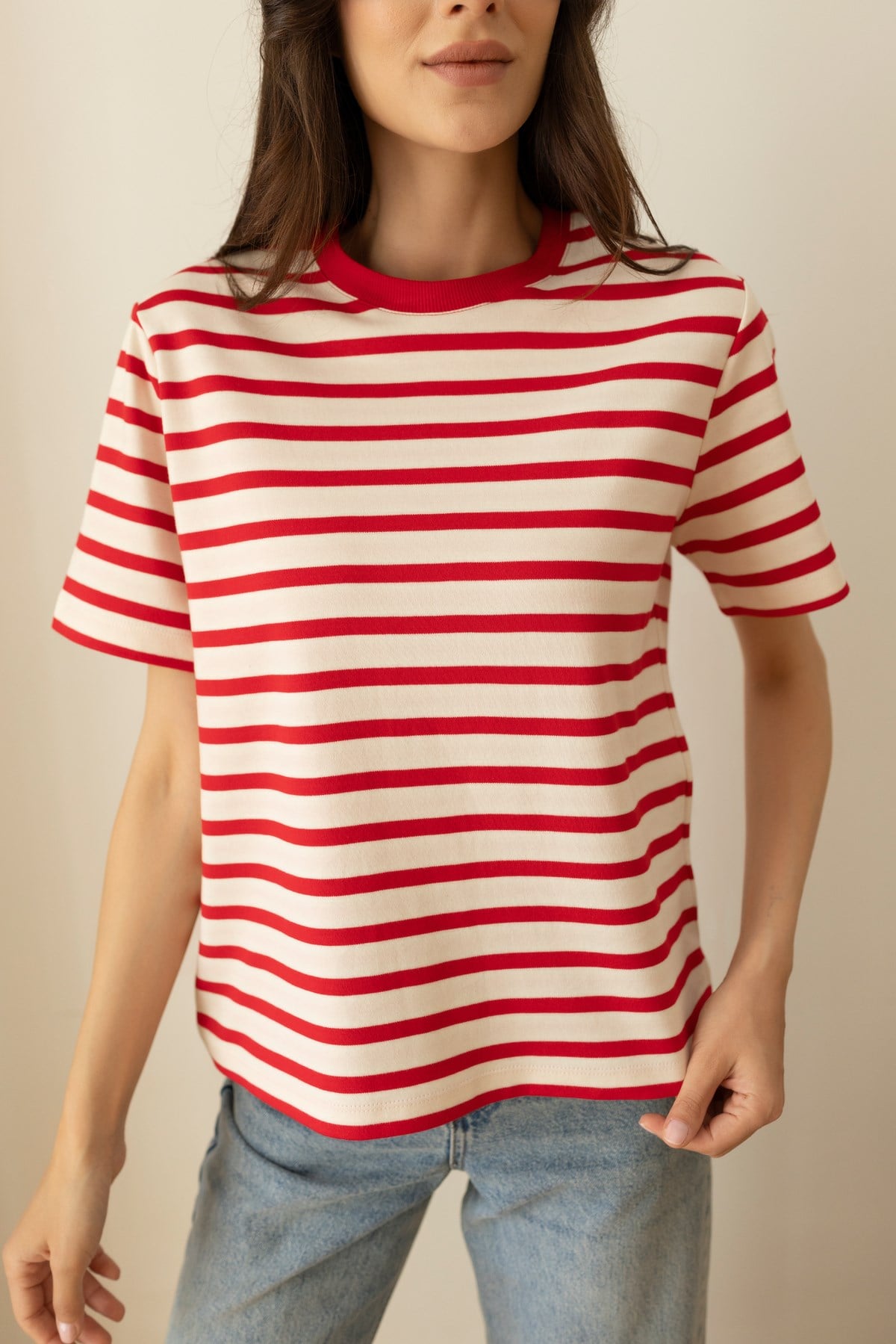 Kırmızı-Beyaz Oversize Çizgili T-Shirt