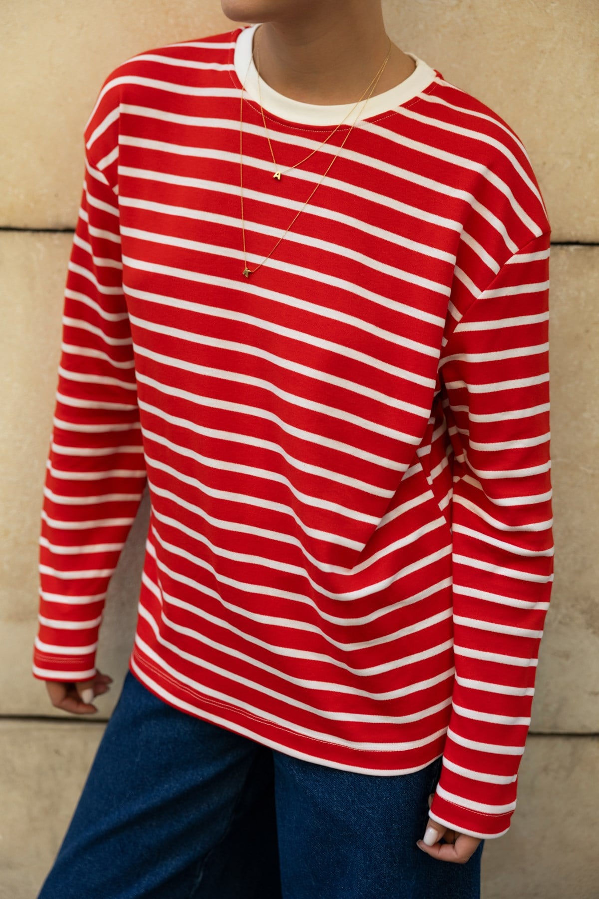 Kırmızı Bisiklet Yaka Çizgil Oversize Sweat
